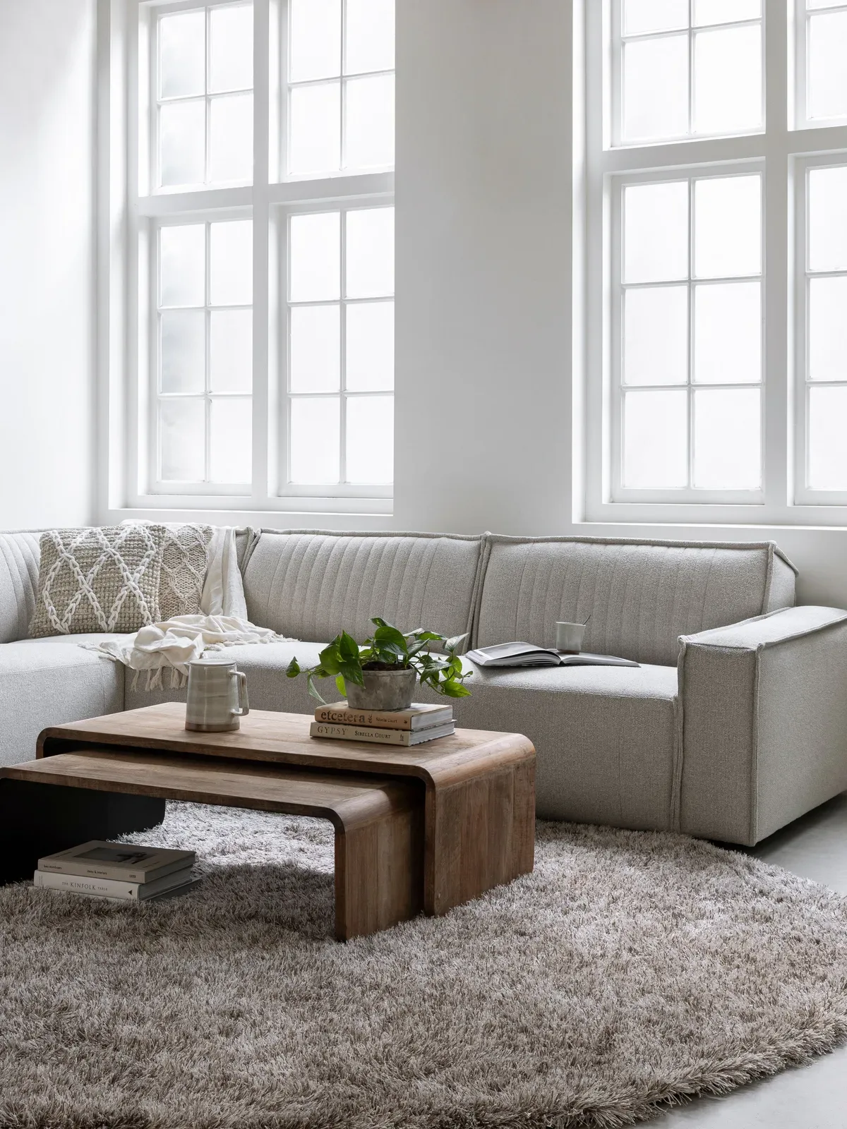 Couchtisch Evo in einem hellen Wohnzimmer mit Sofa, Teppich und Pflanzen - DTP Home