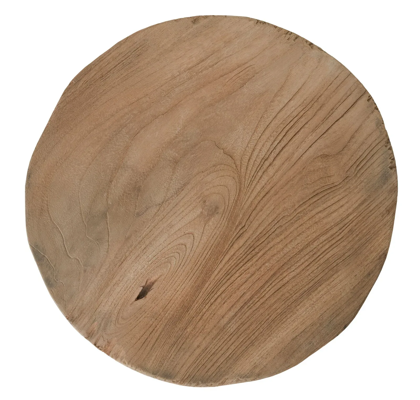 Servierware Plate Display, ein rundes Holztablett mit natürlicher Maserung auf weißem Hintergrund - MUST Living