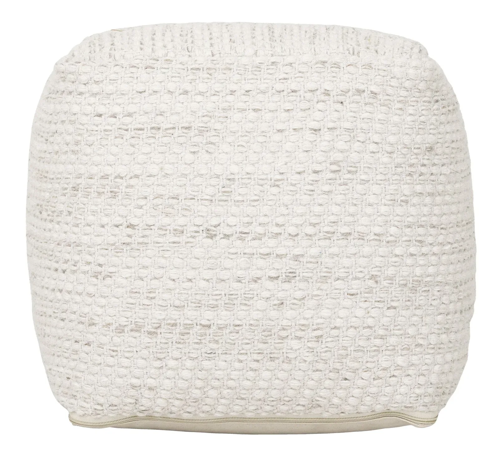 Pouf Asuri, ein runder Pouf mit grob gewebter Textur und einem Reißverschluss an der Unterseite, auf weißem Hintergrund - MUST Living