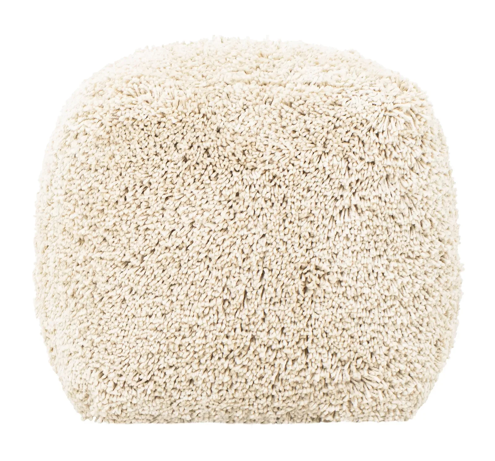 Pouf Celeste auf weißem Hintergrund, von oben gesehen mit einer Nahaufnahme der zotteligen Textur - MUST Living