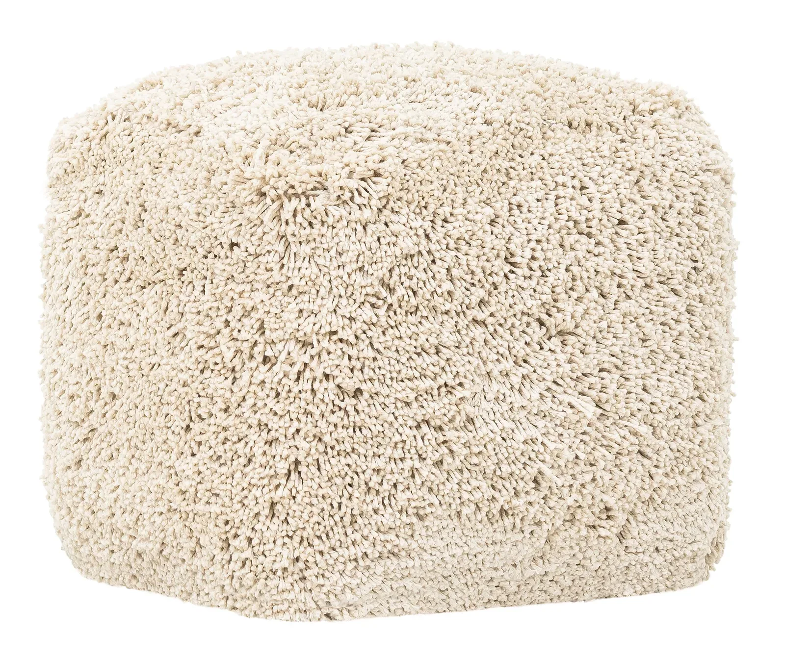 Pouf Celeste auf weißem Hintergrund, von oben fotografiert, mit der zotteligen Textur deutlich sichtbar - MUST Living