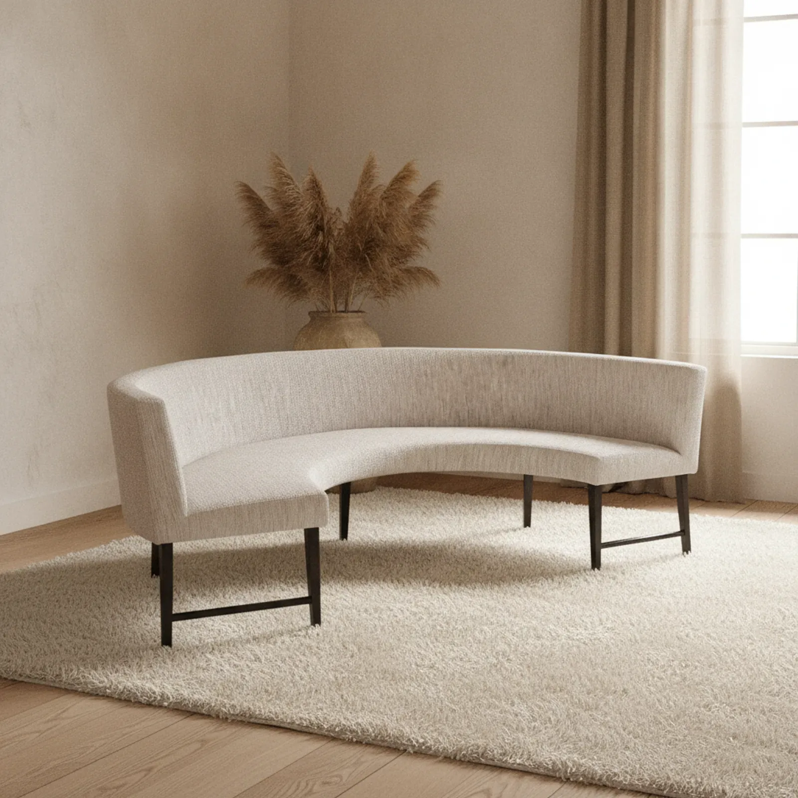 Sitzbank Sotto von PMP Furniture in einem hellen Wohnzimmer mit cremefarbenem Teppich und Vase mit Pampasgras