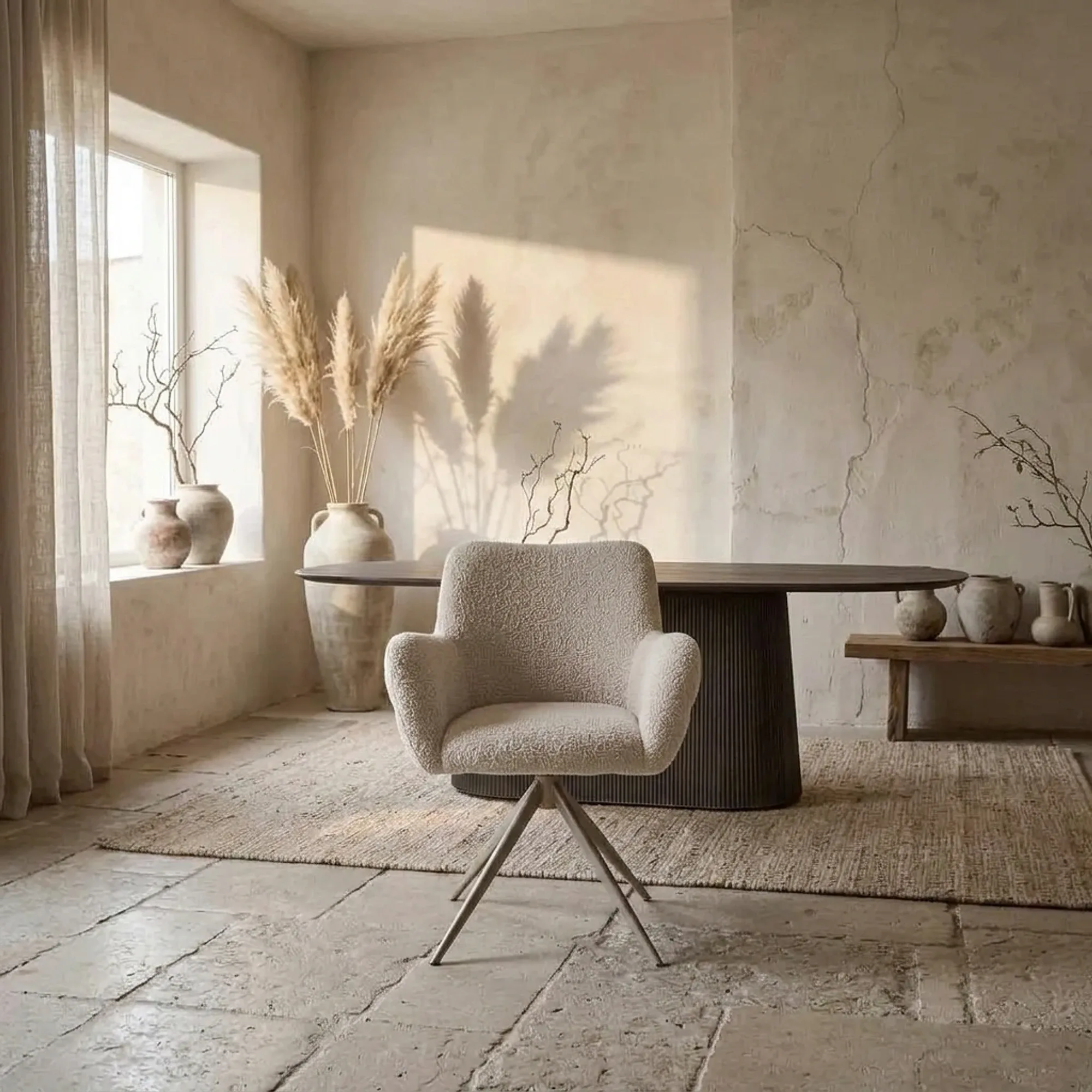 Esszimmerstuhl 410 in einem hellen, minimalistischen Wohnzimmer mit einem Tisch, Vasen und Pampasgras - Koopmans Meubelen