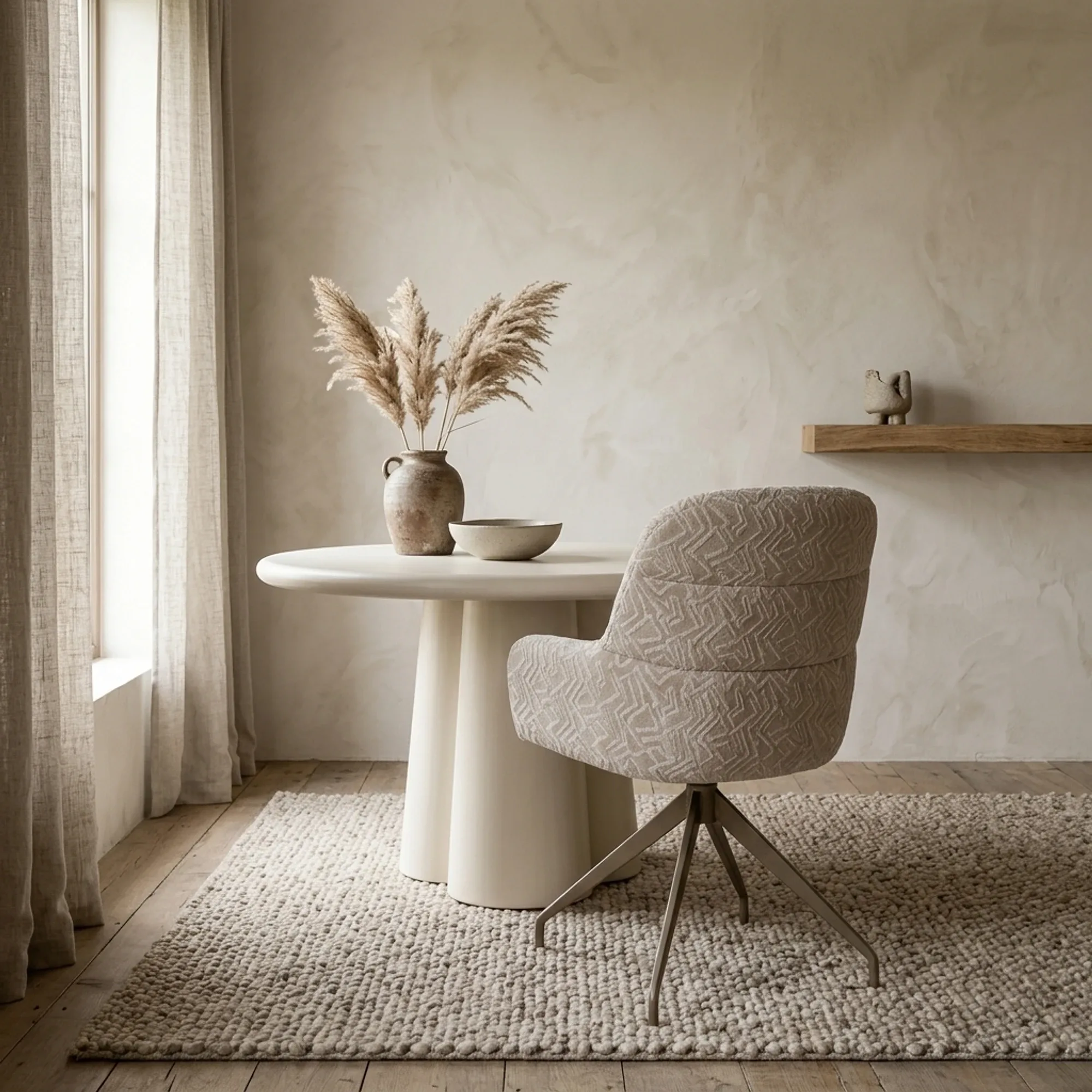 Esszimmerstuhl 433 in einem hellen Esszimmer mit rundem Tisch, Vase und Teppich - Koopmans Meubelen
