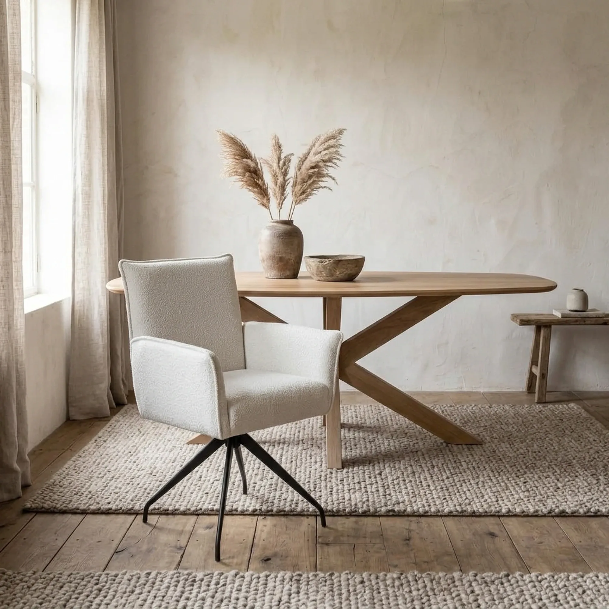 Essstuhl 465 in einem hellen Esszimmer mit Holztisch und Teppich, aus einer niedrigen Perspektive - Koopmans Meubelen