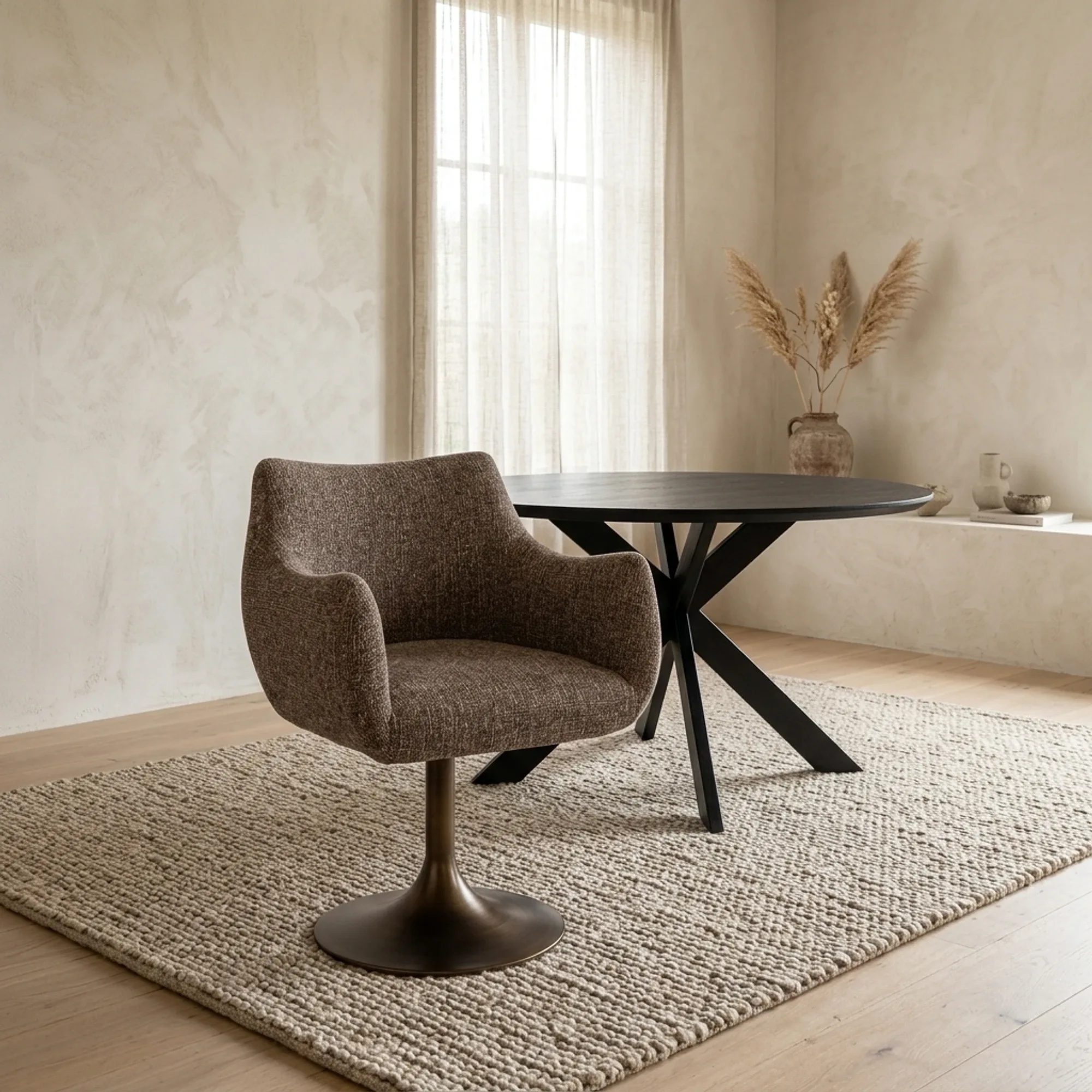 Esszimmerstuhl Aldo brown tweed Drehstuhl in einem hellen Esszimmer mit dunklem Tisch und Teppich - Richmond Interiors