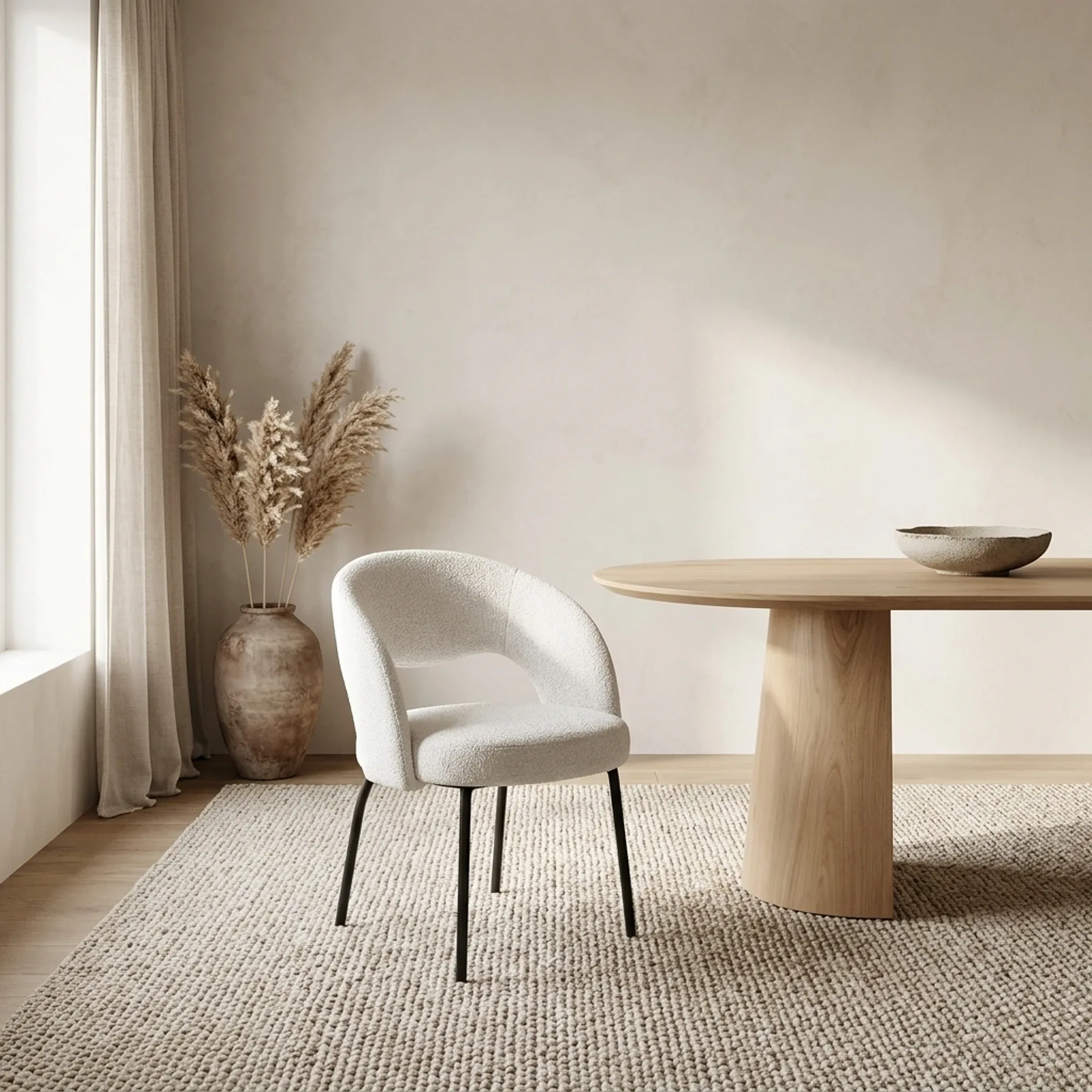 Essstuhl Arca in einem hellen, minimalistischen Esszimmer mit einem Holztisch und einem großen Teppich - MUST Living