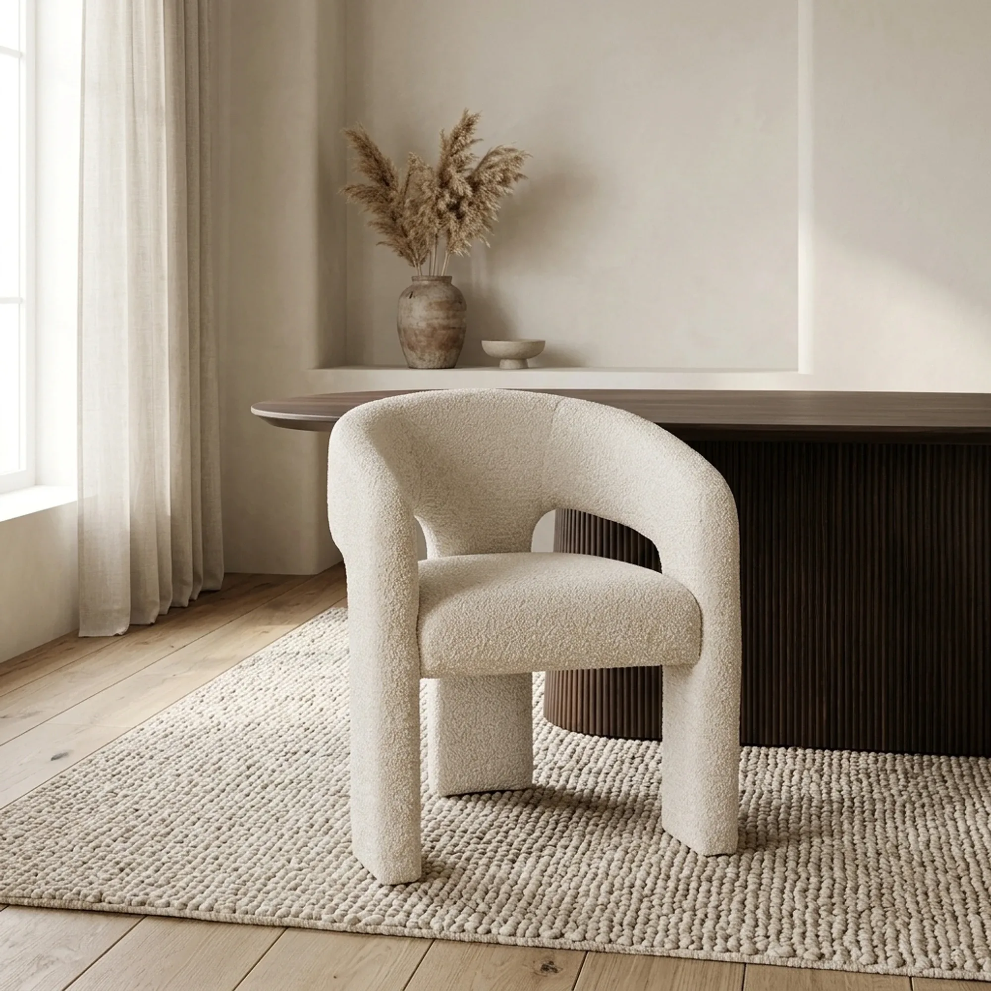 Esszimmerstuhl Belle angepasst flammhemmend in einer modernen Umgebung mit Holzboden und einem cremefarbenen Teppich - Richmond Interiors