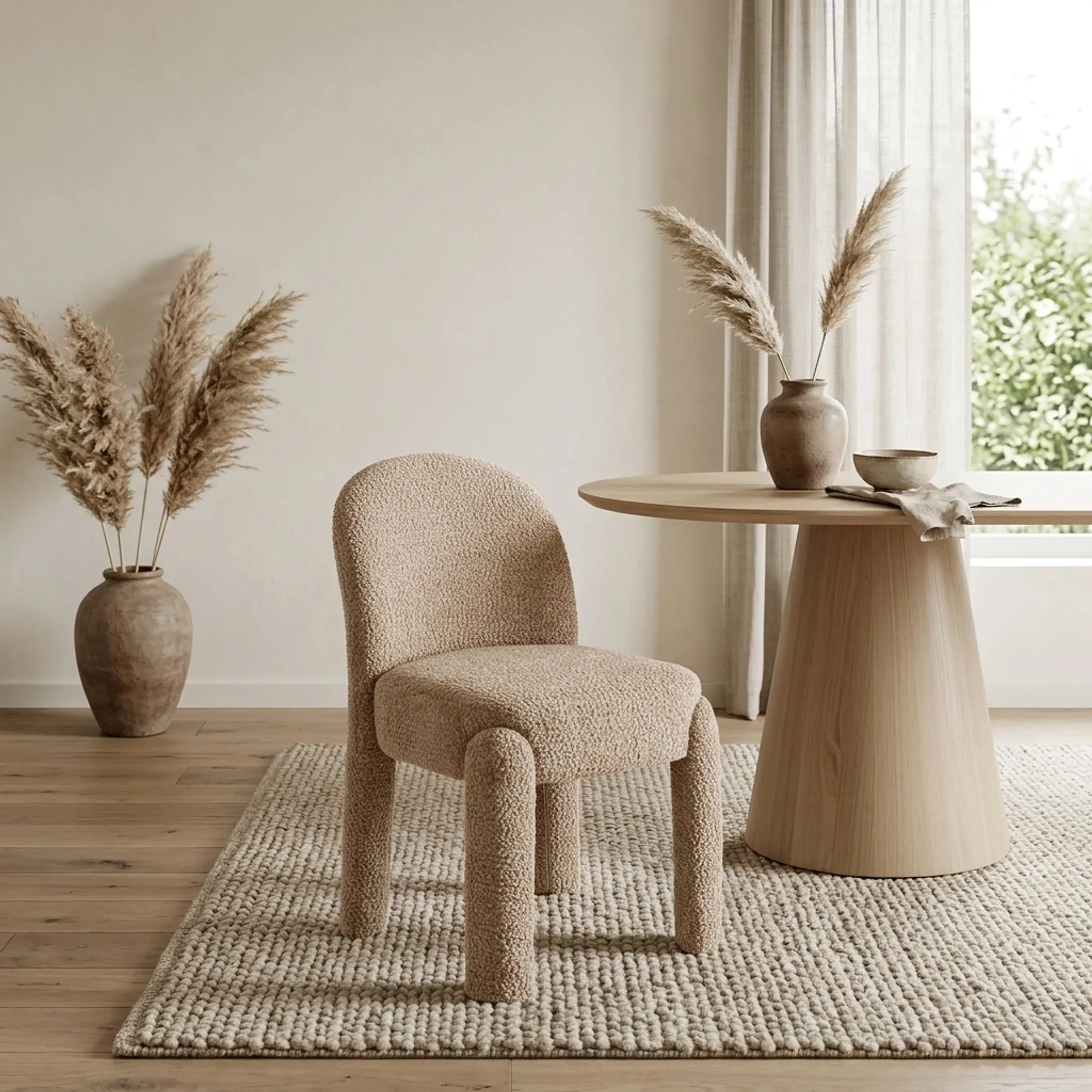 Esstuhl Brandi lovely beige (2er-Set) in einem hellen Esszimmer mit Holztisch und Pampasgras - Richmond Interiors
