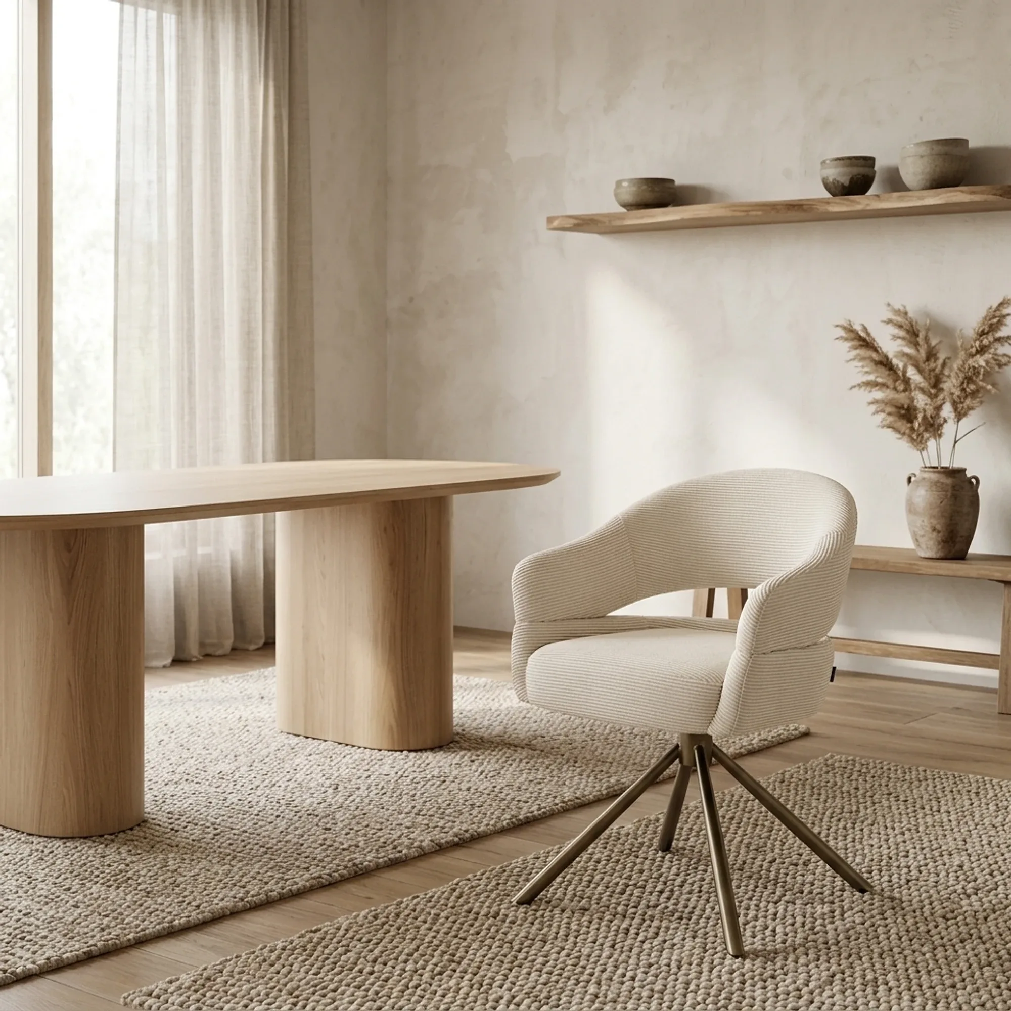 Esszimmerstuhl Clooney in einem hellen, minimalistischen Esszimmer mit Holztisch und Teppich - MUST Living
