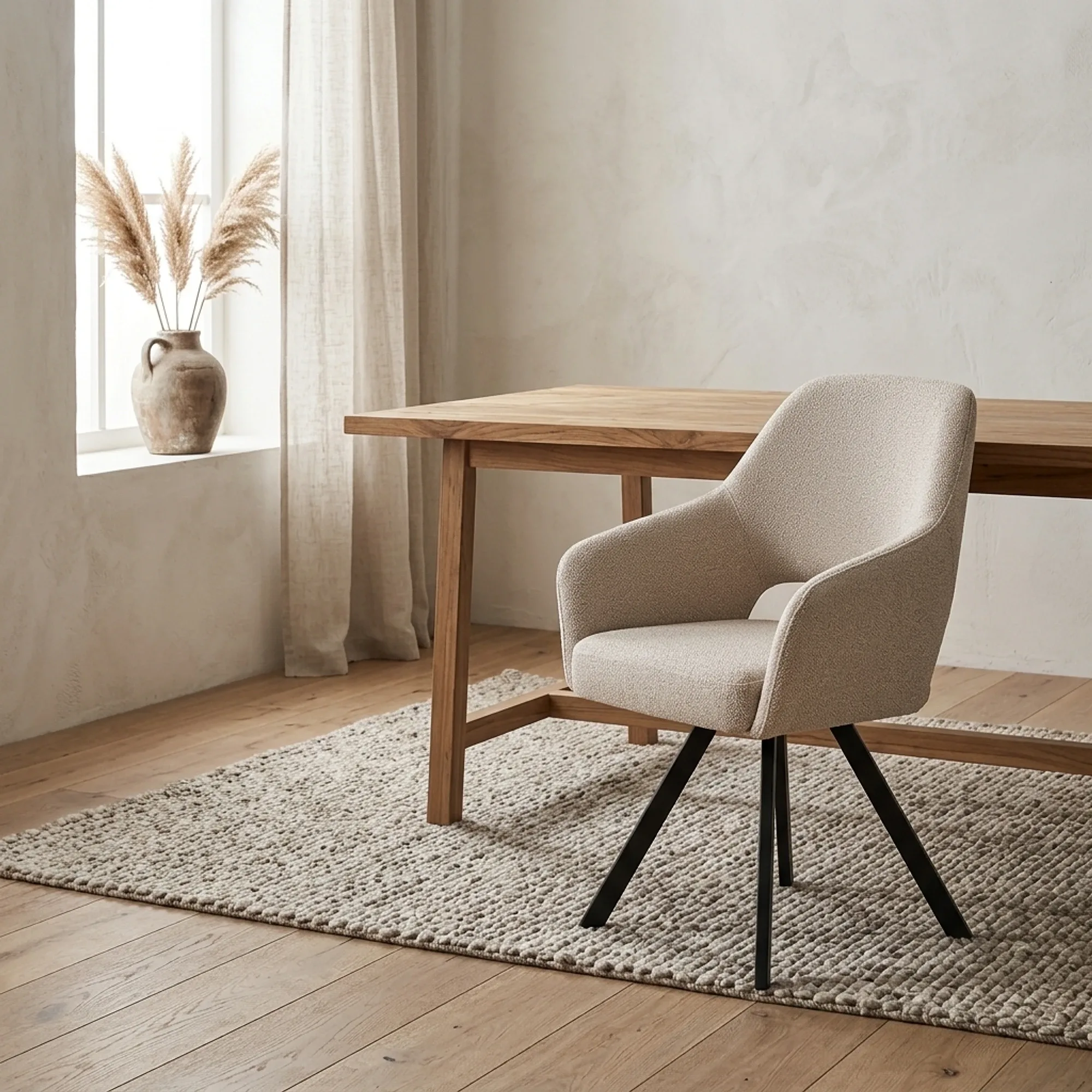 Esszimmerstuhl Emilie Alpine 2 Boucle Beige in einem hellen Esszimmer mit Holztisch und Teppich - Benoa