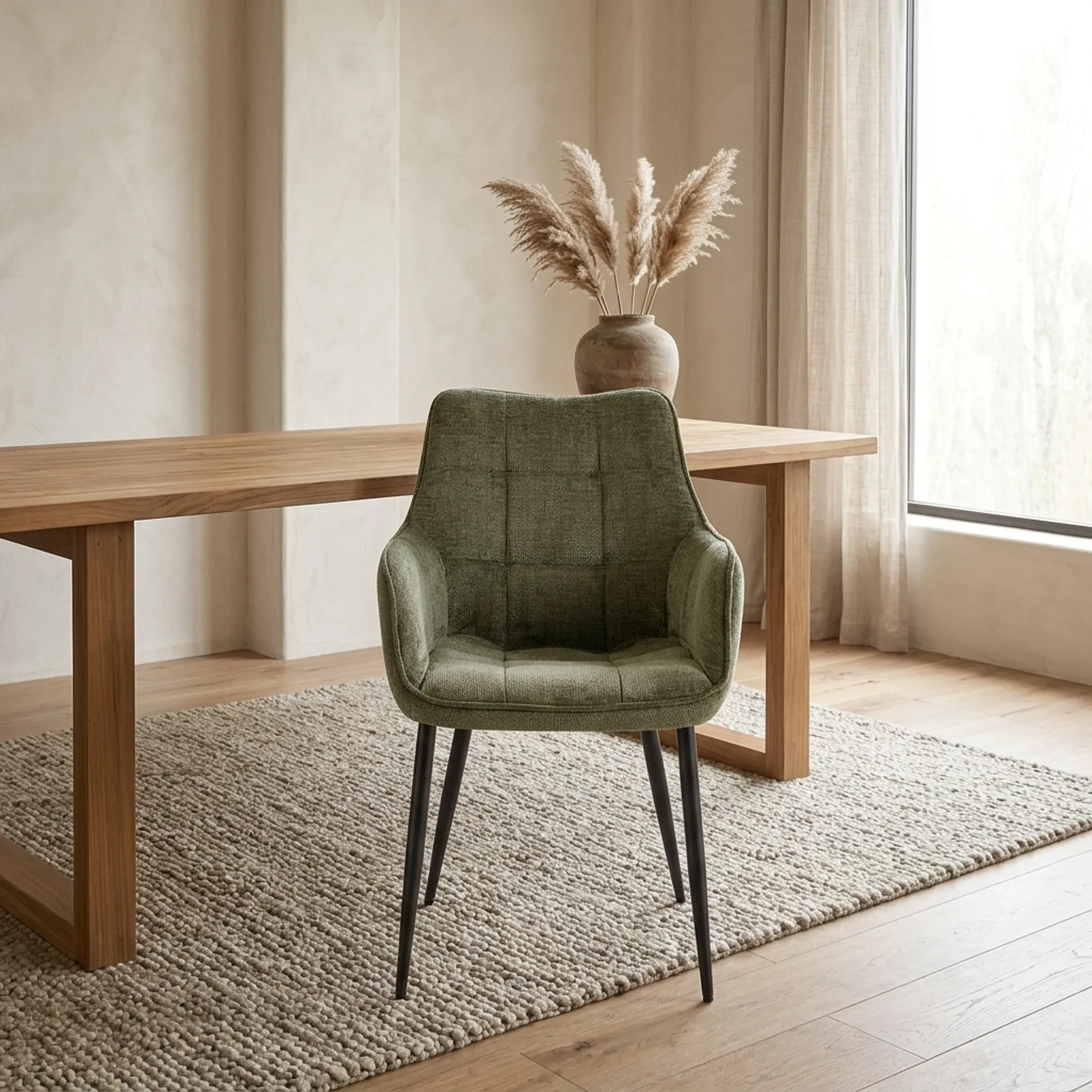 Esszimmerstuhl Lucille Arm Perfect Harmony 39 Grün mit schwarzen Beinen auf einem Teppich, vor einem Holztisch stehend - Benoa