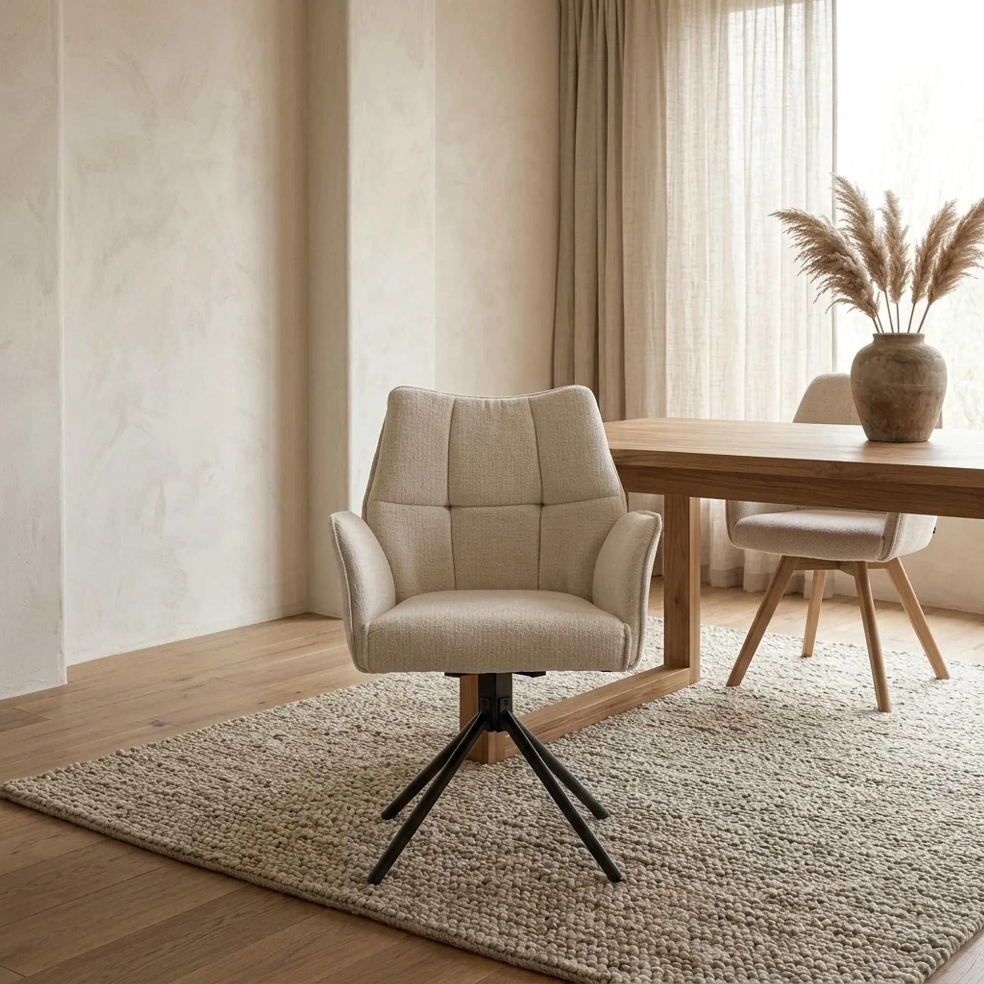 Esszimmerstuhl Sem Tresor 22 Ecru von Benoa in einem Interieur mit Holztisch und Teppich