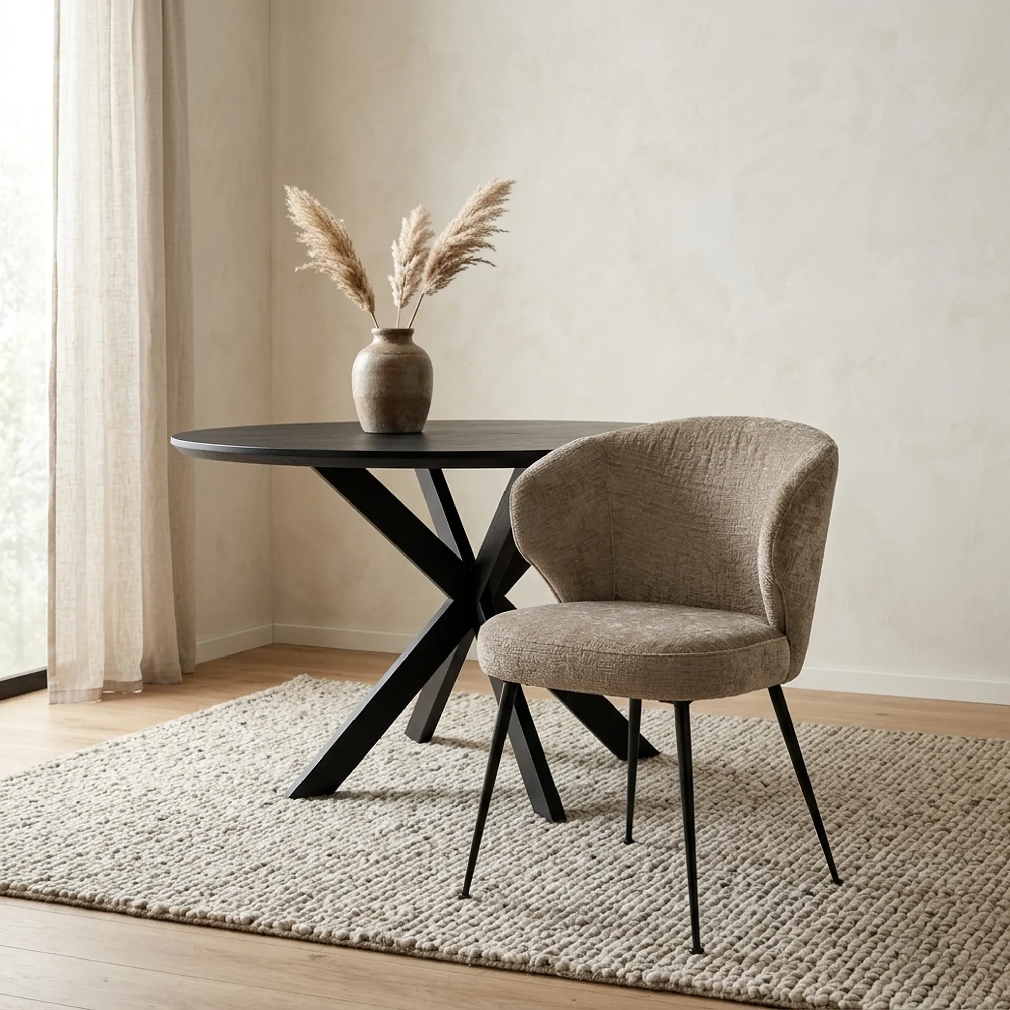 Esszimmerstuhl Xandra desert fusion fire retardant in einem hellen Wohnzimmer mit rundem Esstisch und Teppich - Richmond Interiors