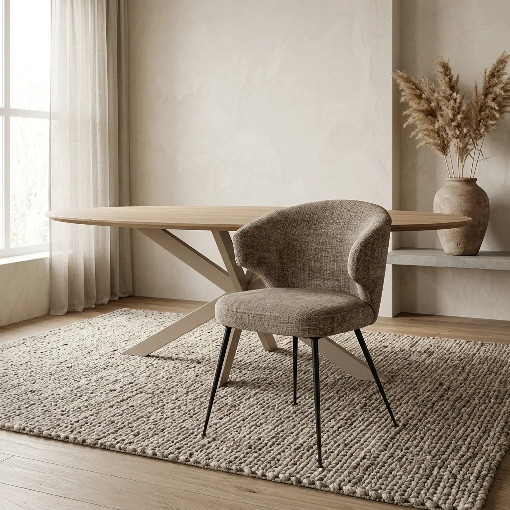Esszimmerstuhl Xandra niagara stone fire retardant an einem Holztisch auf einem Jute-Teppich - Richmond Interiors