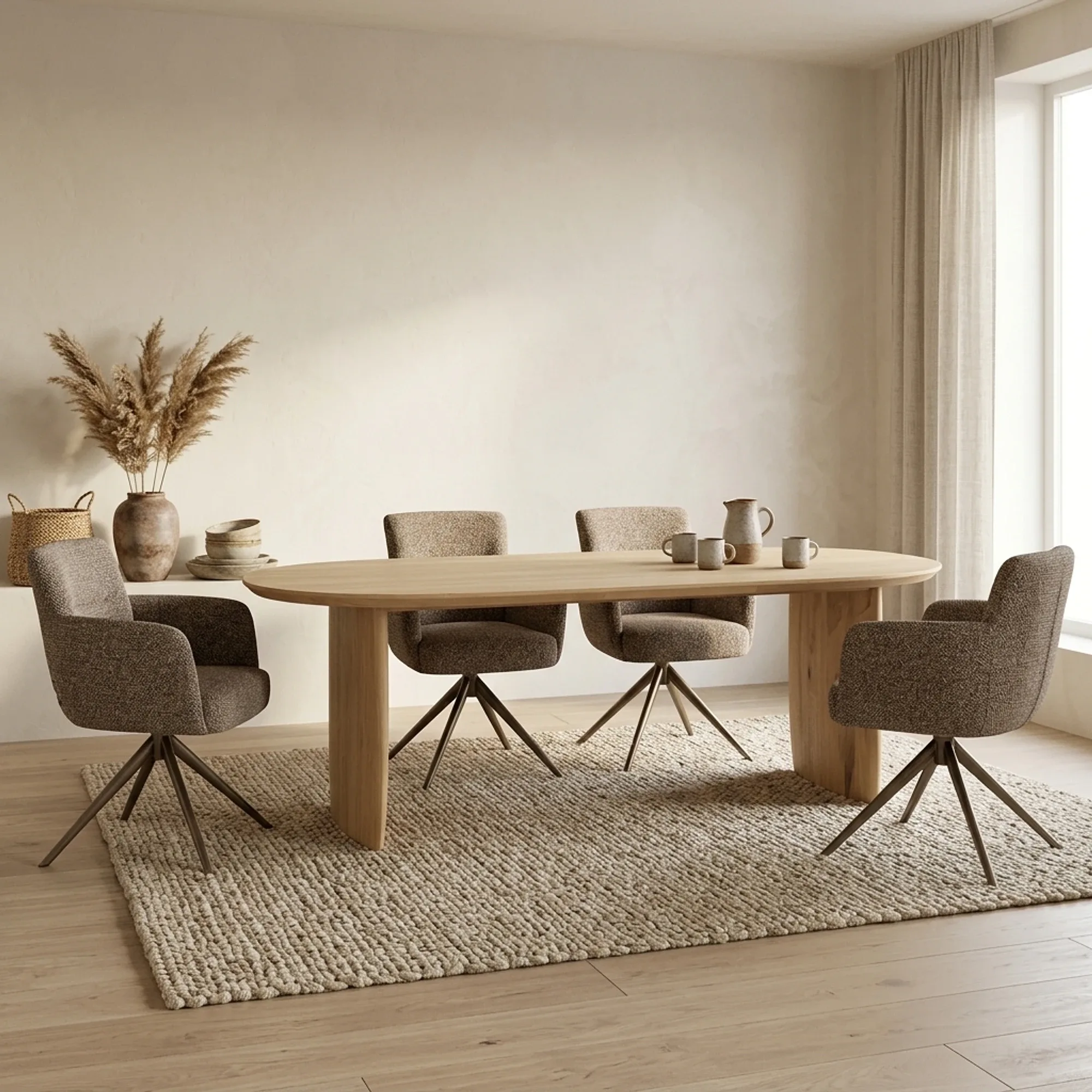 Der Esstisch Dex Eiche in einem modernen Interieur mit vier gepolsterten Stühlen auf einem Jute-Teppich - Eleonora