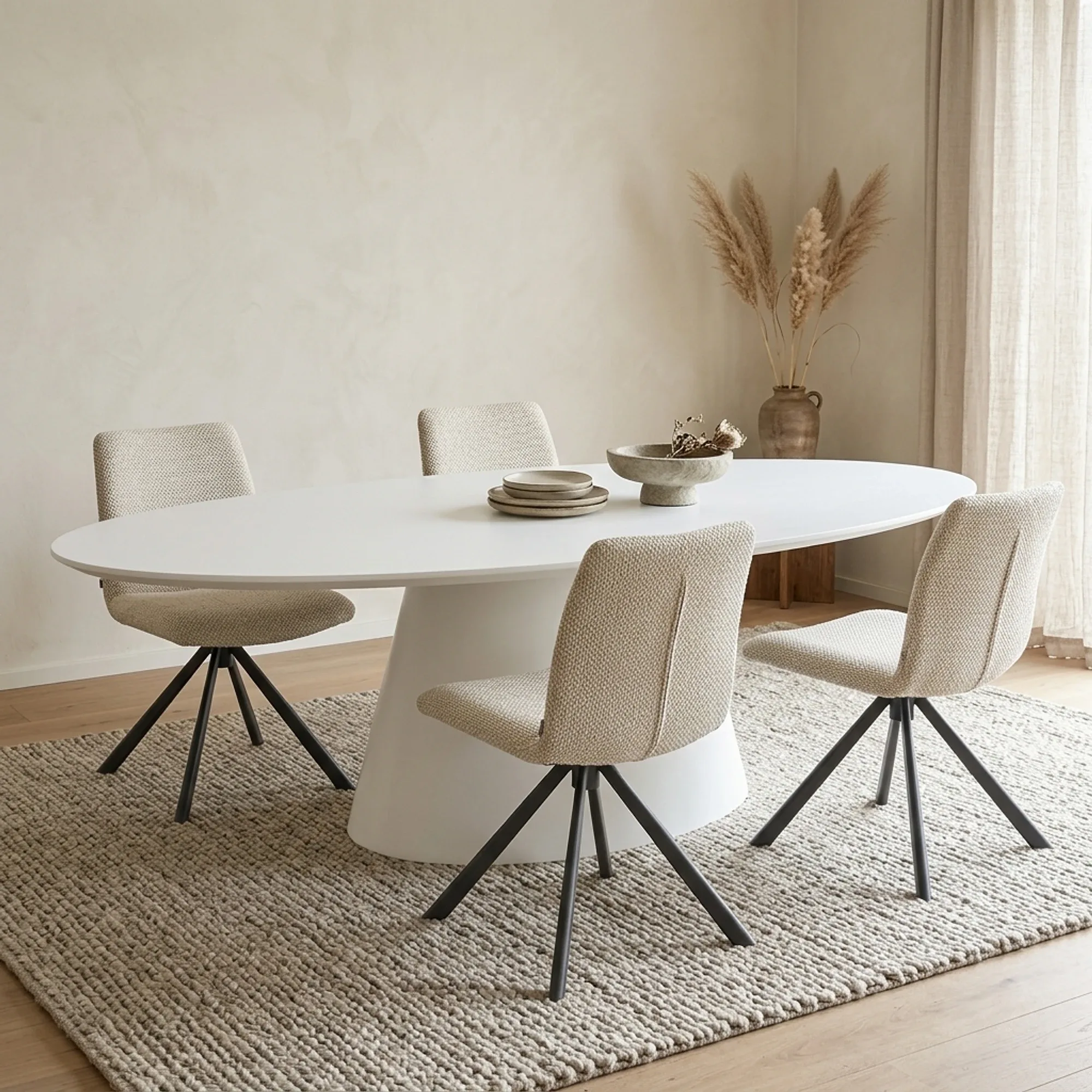 Esstisch Elin oval in einem hellen Esszimmer mit vier Stühlen und einem Teppich - Eleonora