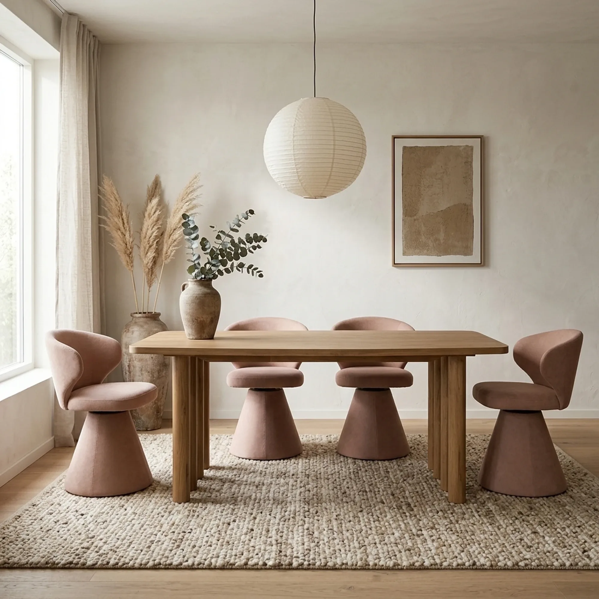 Esstisch Jake Eiche in einem hellen Esszimmer mit vier rosa Stühlen und einem Teppich - Eleonora