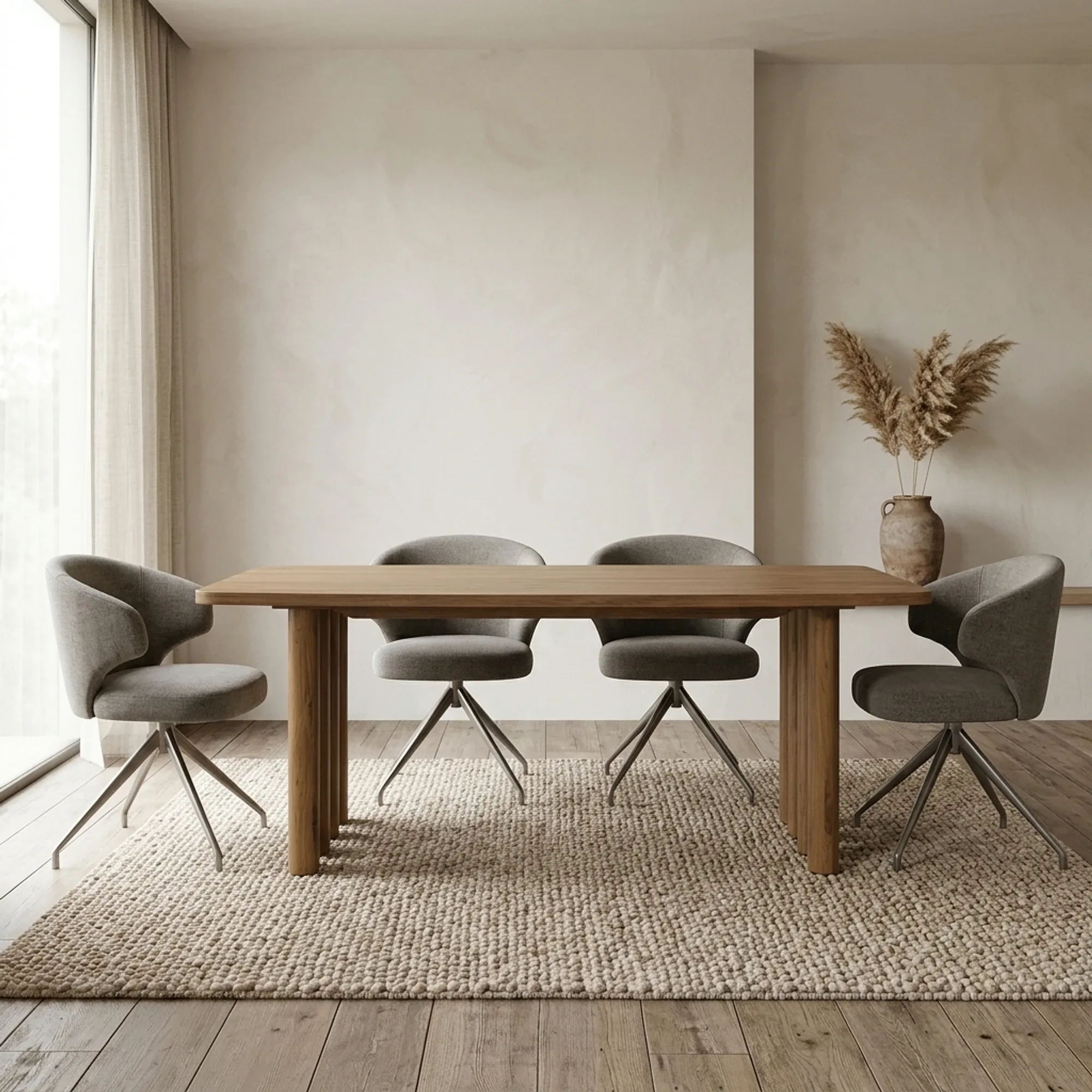Esstisch Jake Eiche mit vier Stühlen auf einem Teppich in einem modernen Interieur - Eleonora