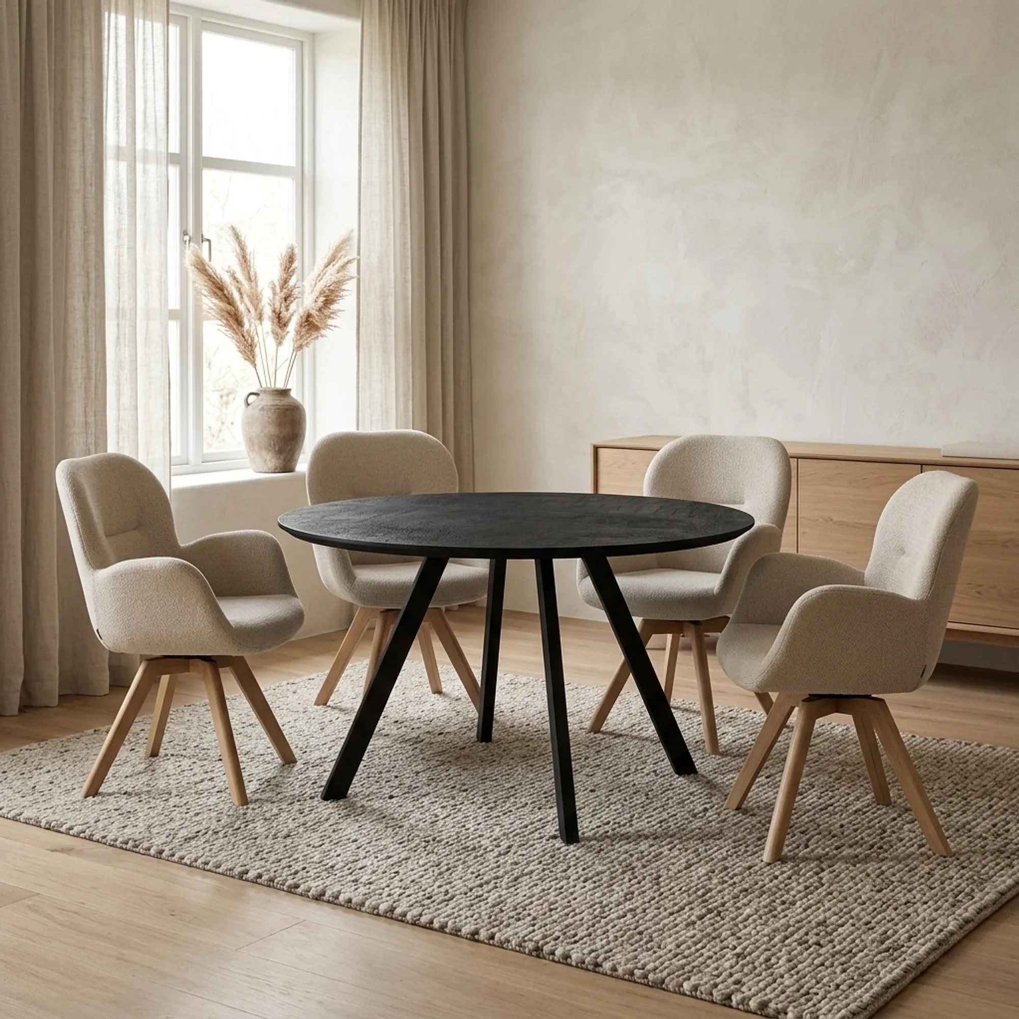 Esstisch Rund Berlin Schwarz 150 in einem Esszimmer mit vier Stühlen und einem Teppich - Benoa