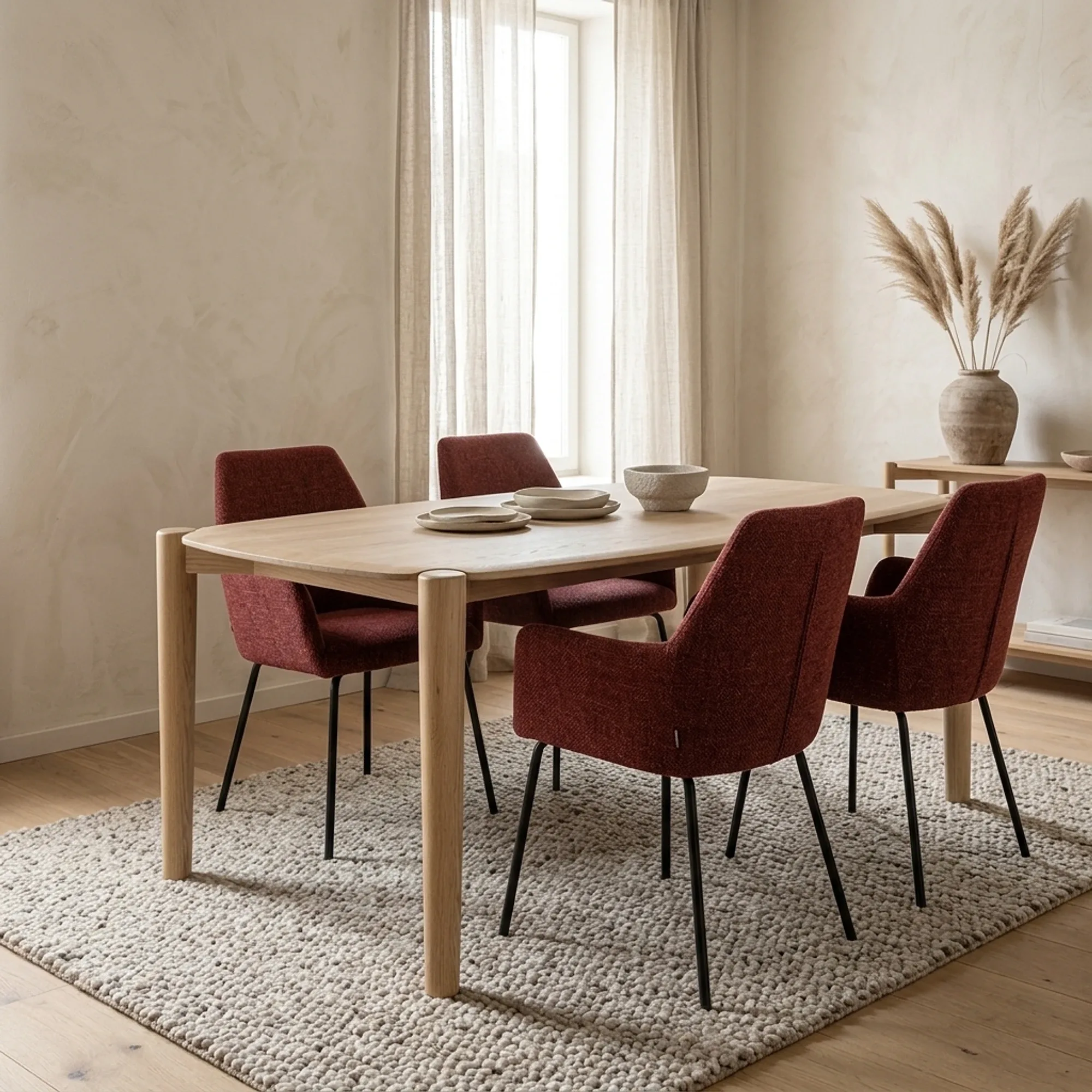 Esstisch Selbu Eiche mit vier Stühlen in einem hellen Esszimmer mit Teppich - Eleonora