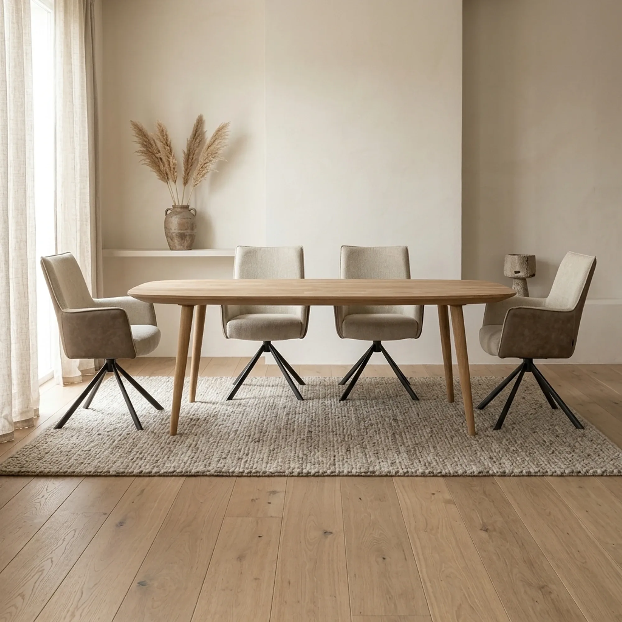 Esstisch Tabassum Recycled Teak in einem hellen Esszimmer mit vier Stühlen und einem Teppich - Eleonora