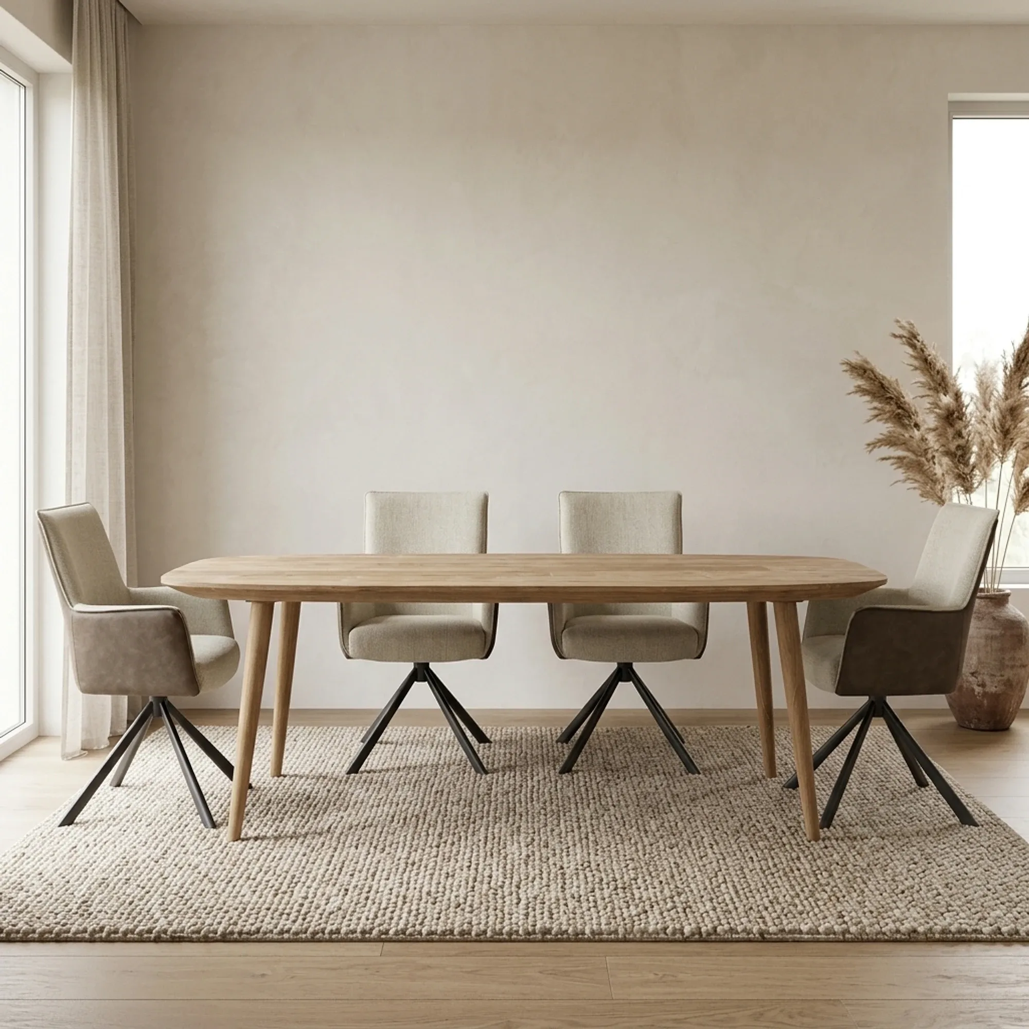 Esstisch Tabassum Recycled Teak in einem hellen Esszimmer mit Stühlen und einem Teppich - Eleonora