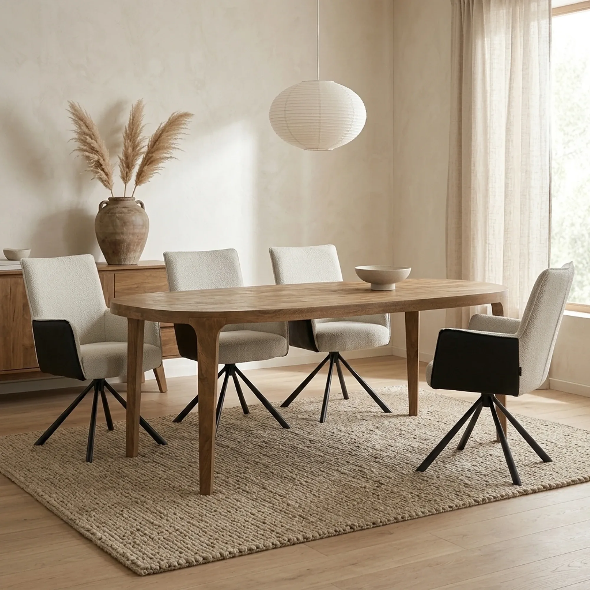 Der Esstisch Taylor Mangoholz in einem hellen Esszimmer mit vier Stühlen und einem Teppich - Eleonora