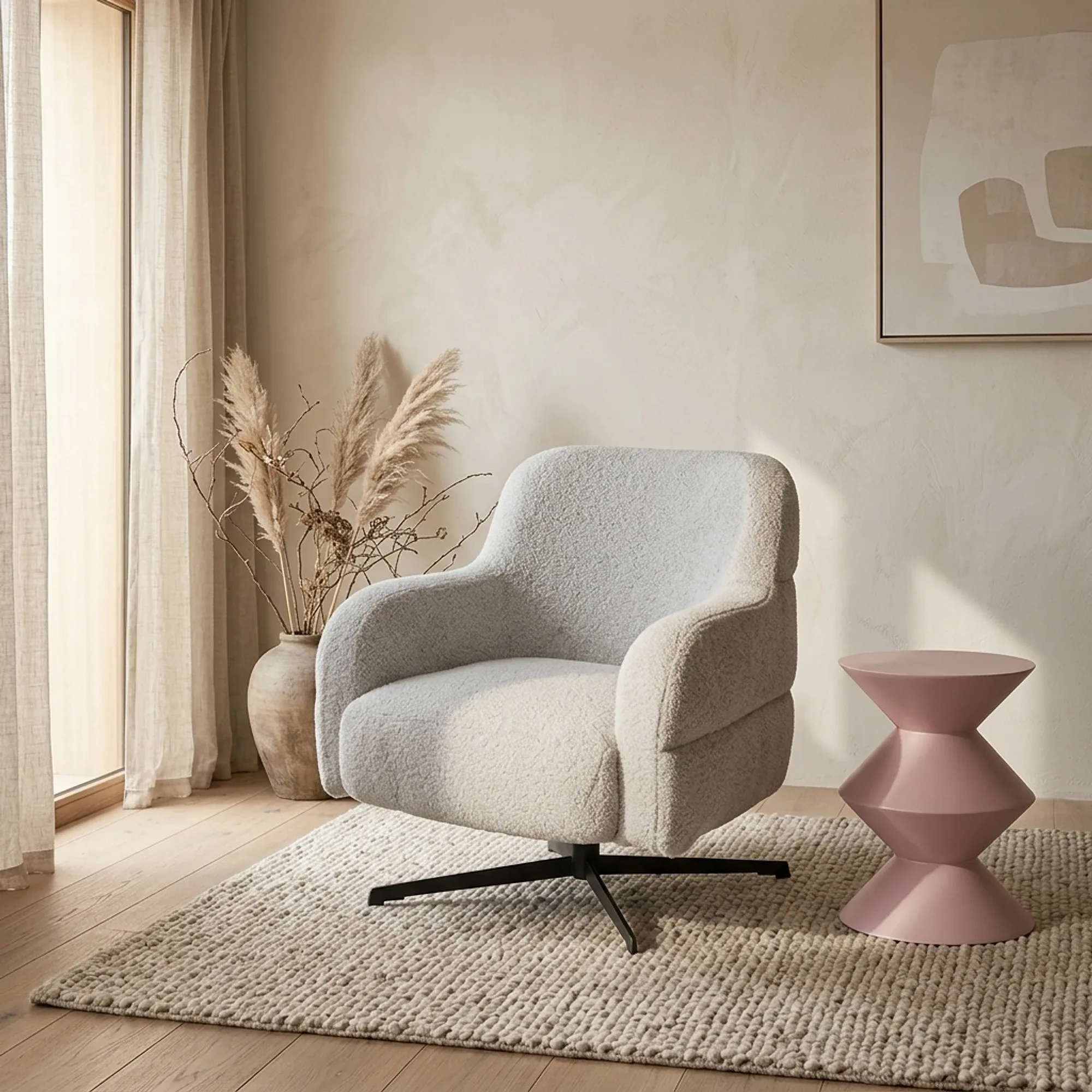 Sessel Koopmans 635 in einem hellen Wohnzimmer mit einem rosa Beistelltisch und einer Vase mit Pampasgras - Koopmans Meubelen