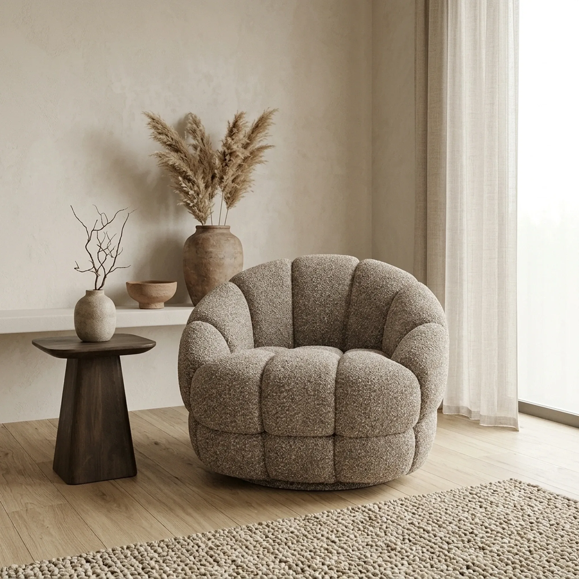 Sessel Tina Flou in einem hellen Wohnzimmer mit einem hölzernen Beistelltisch und einem beigen Teppich - Eleonora