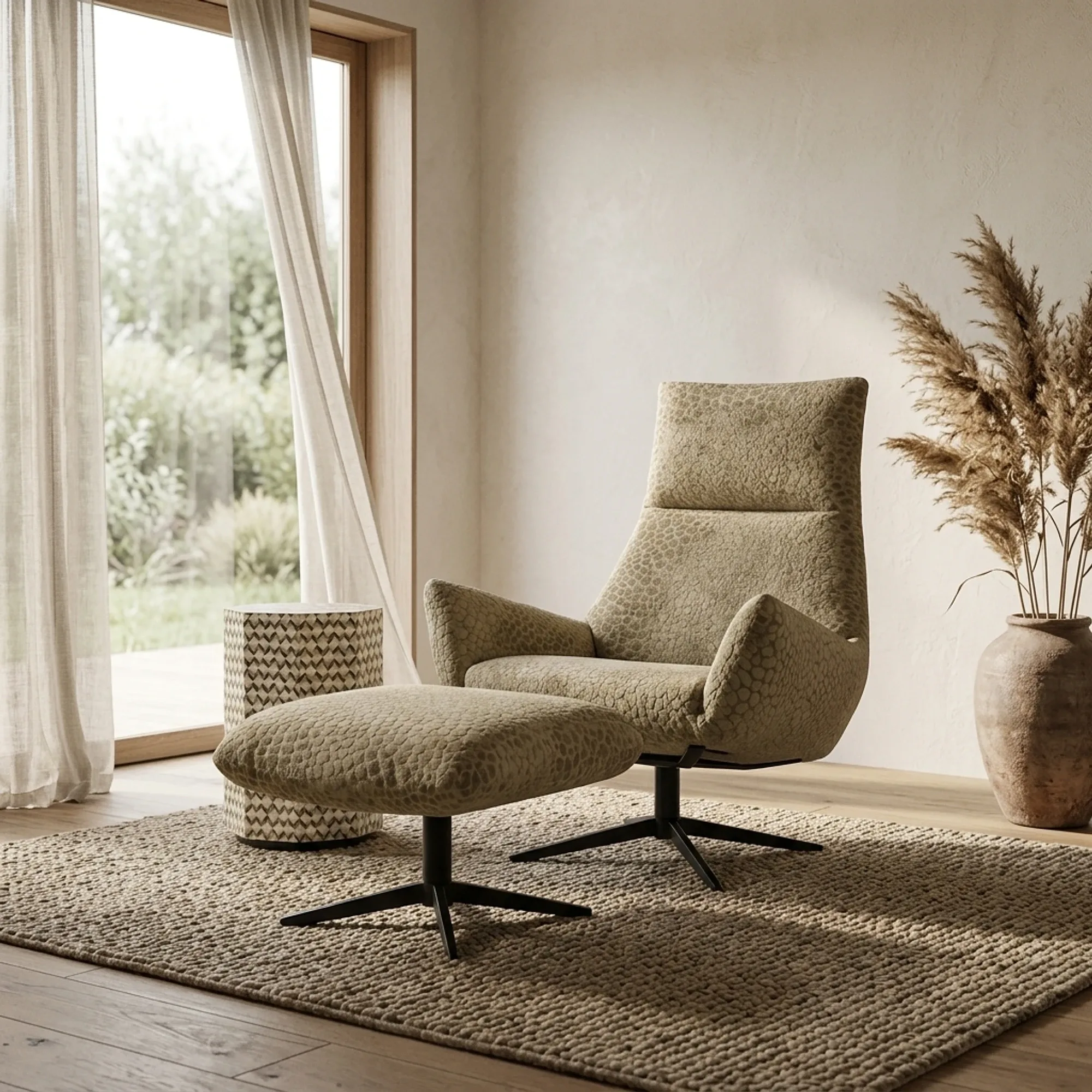 Sessel Wim mit Fußhocker in einem hellen Wohnzimmer mit Fenster und dekorativen Pflanzen - Chill-Line