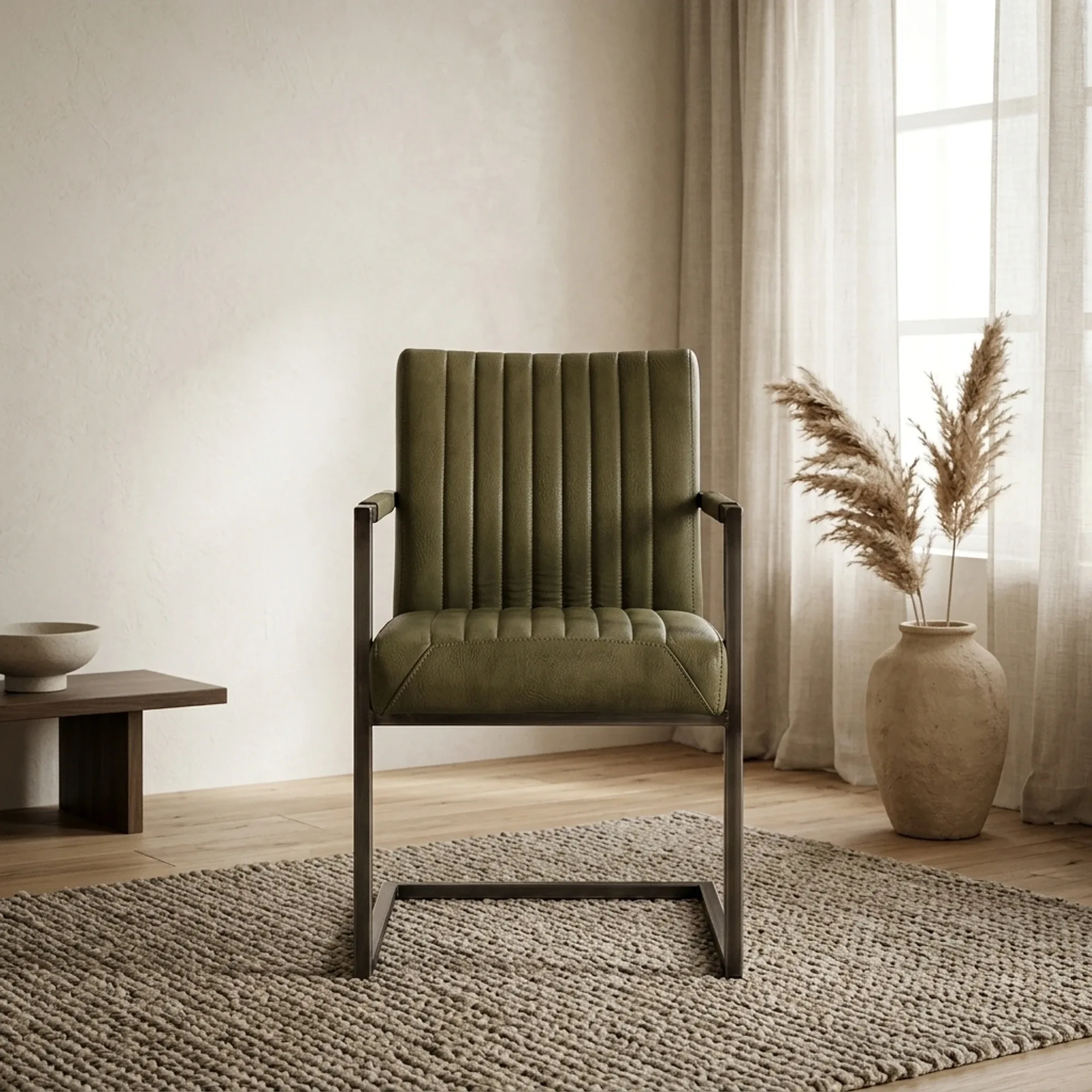 Ferro Armstuhl in Stoff Savannah green auf einem Teppich in einem hellen Wohnzimmer - Tower Living