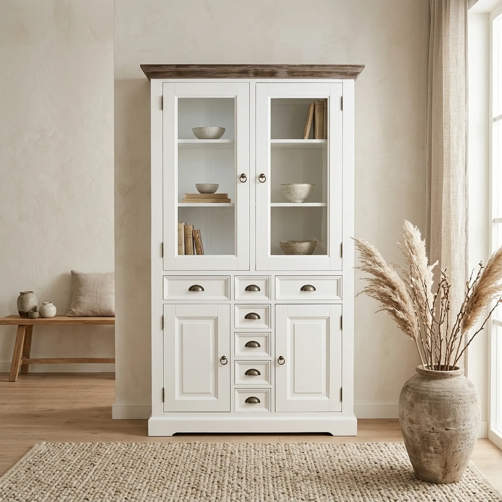 Der Fleur Vitrinenschrank 115 cm in einem hellen Wohnzimmer mit Holzfußboden und beigem Teppich - Tower Living