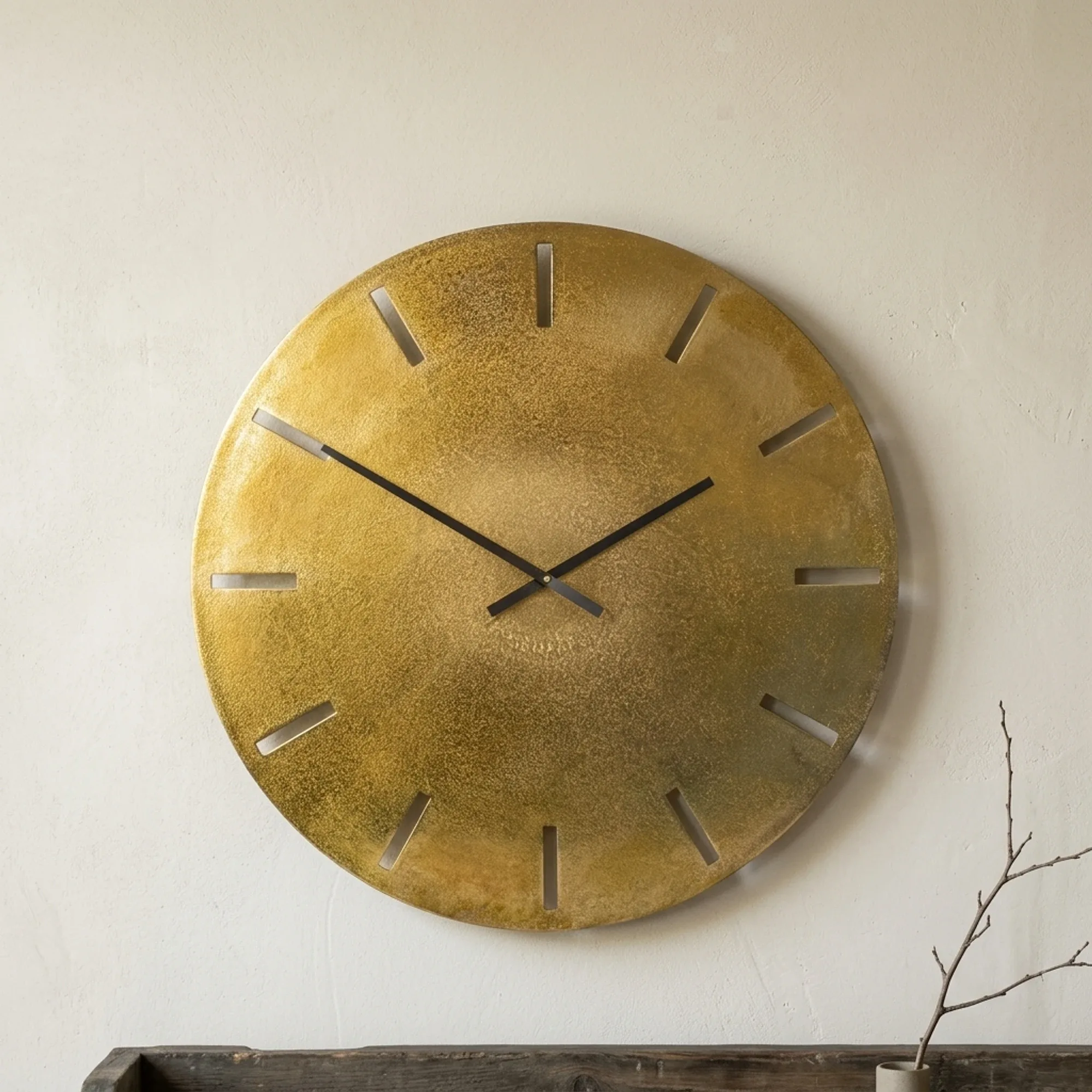 Große goldene Wanduhr von Benoa an einer hellen Wand mit einem dekorativen Ast daneben