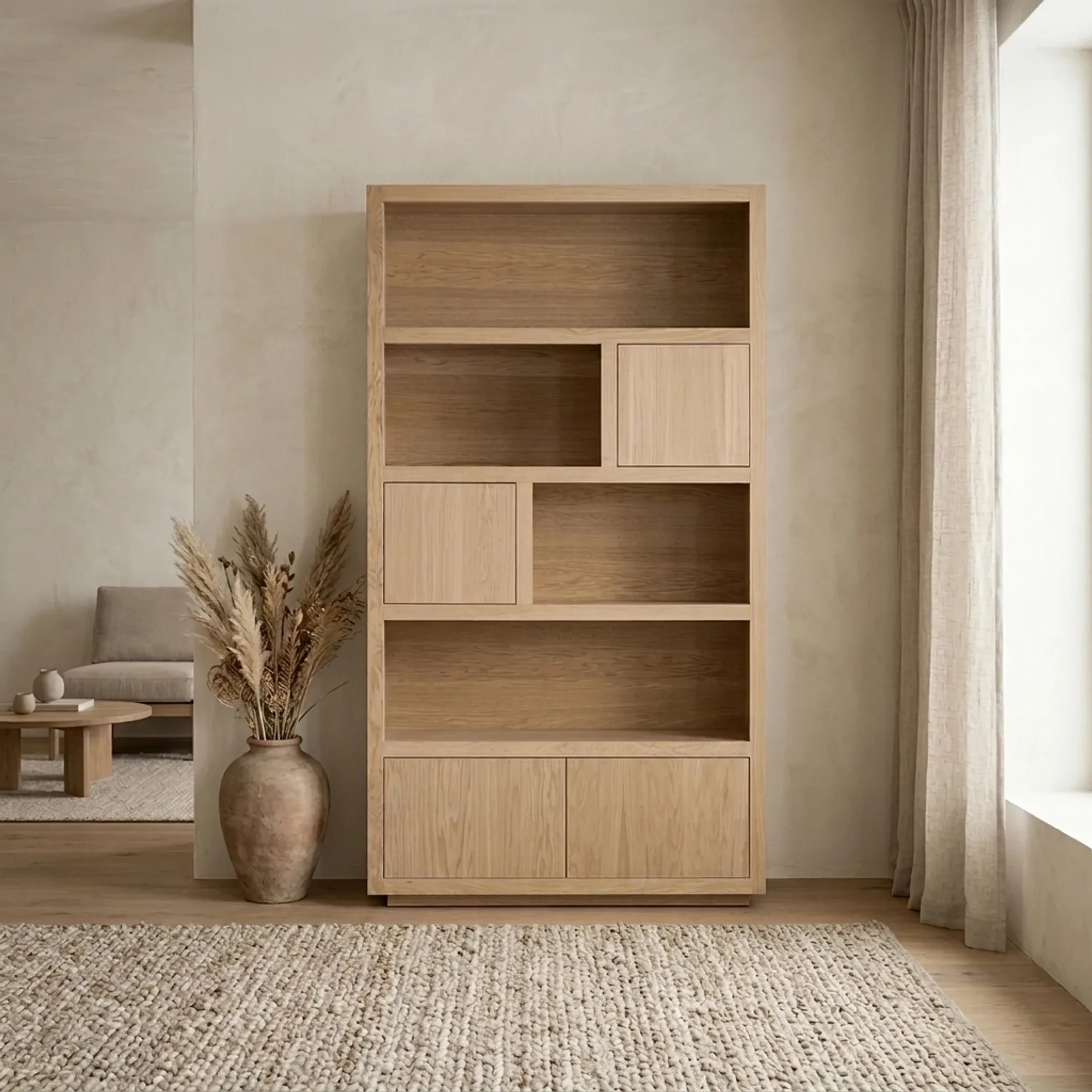 Schrank Helsinki Eiche in einem hellen Wohnzimmer mit einer Vase mit getrockneten Blüten und einem Teppich - Eleonora