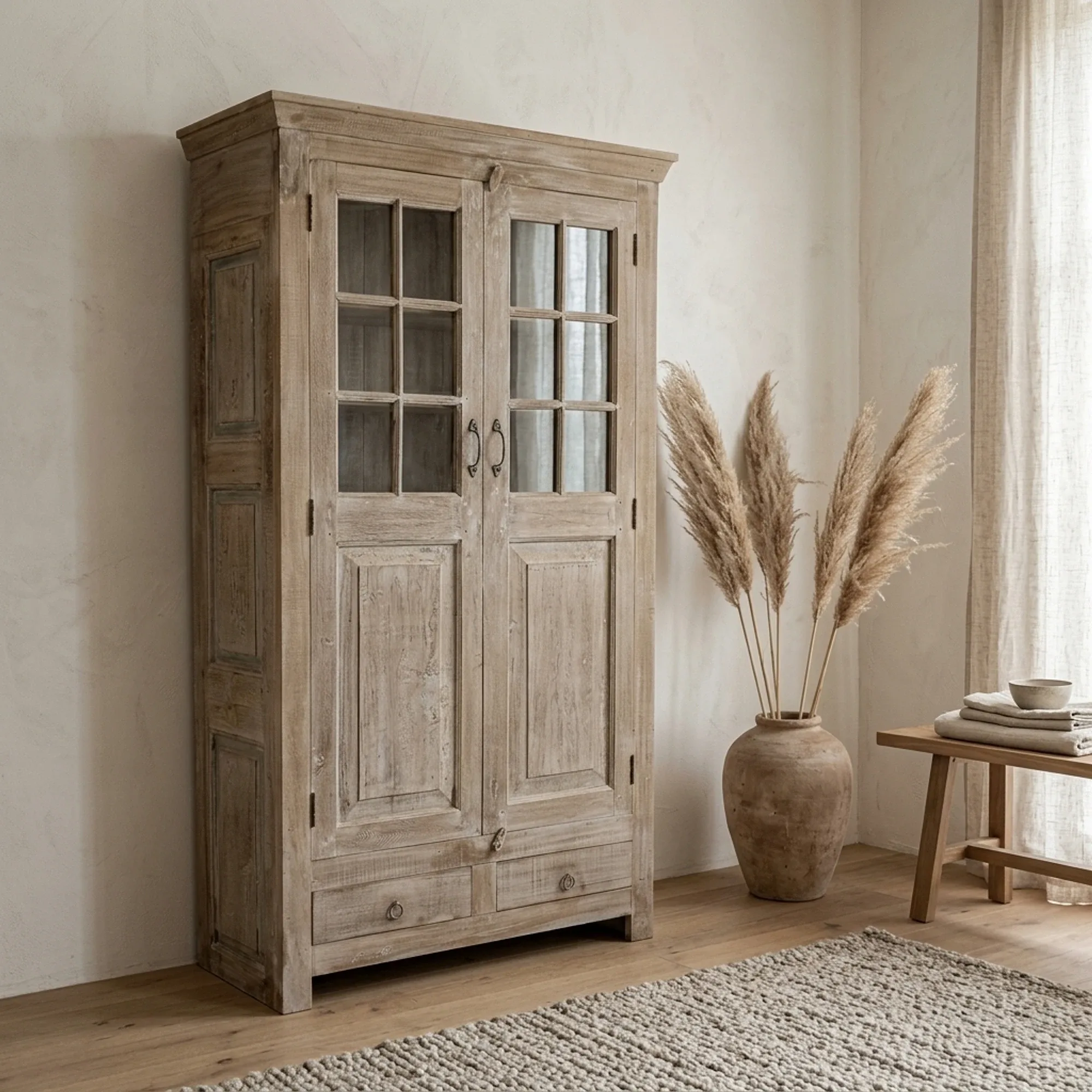 Schrank India Oud 295667 in einem hellen Raum mit Pampasgras und einer Holzbank - Benoa