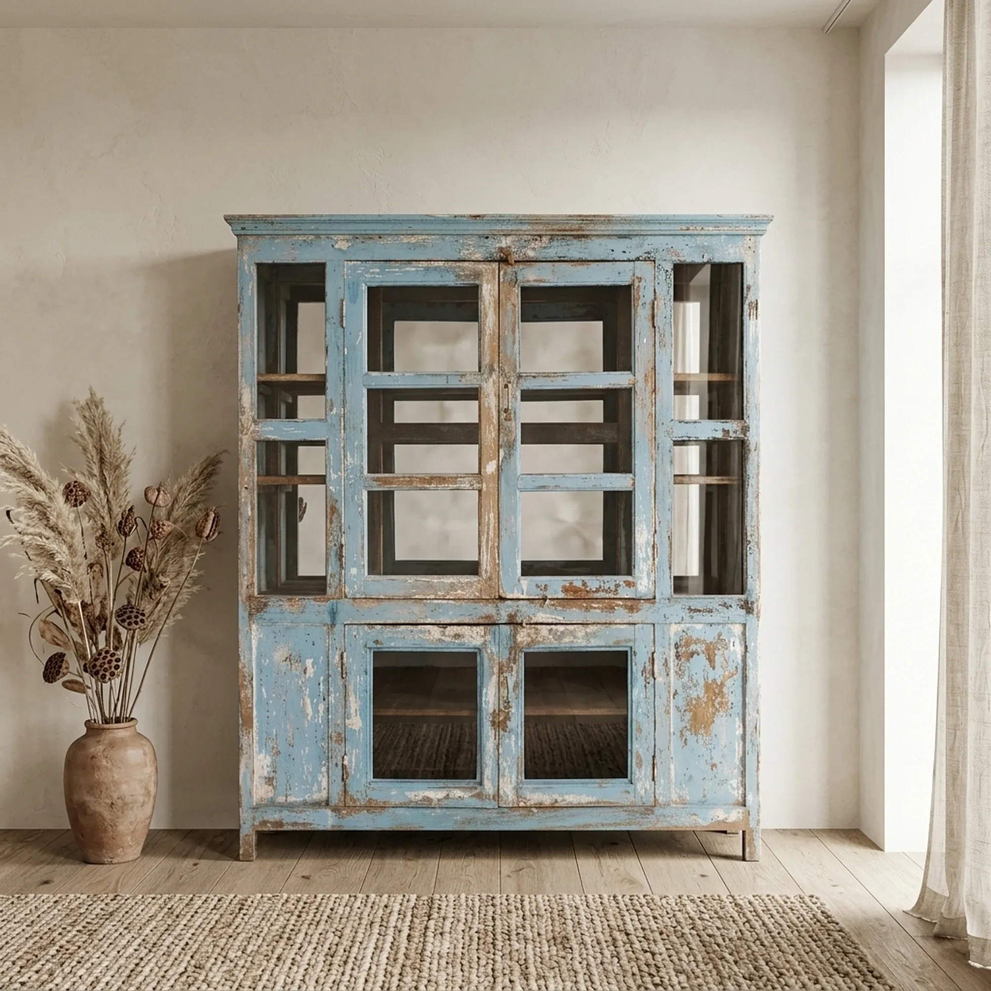 Schrank India Oud 297415 in einem hellen Wohnzimmer mit einer Vase getrockneter Blumen und einem Teppich - Benoa