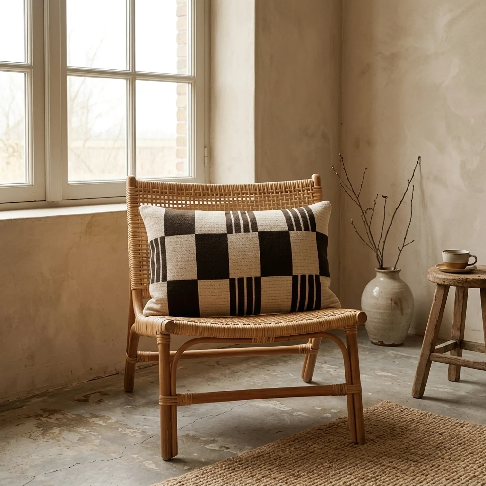 Kissen Twist 35x55 cm - braun auf einem Rattan-Sessel in einem hellen, stimmungsvollen Wohnzimmer - By-Boo