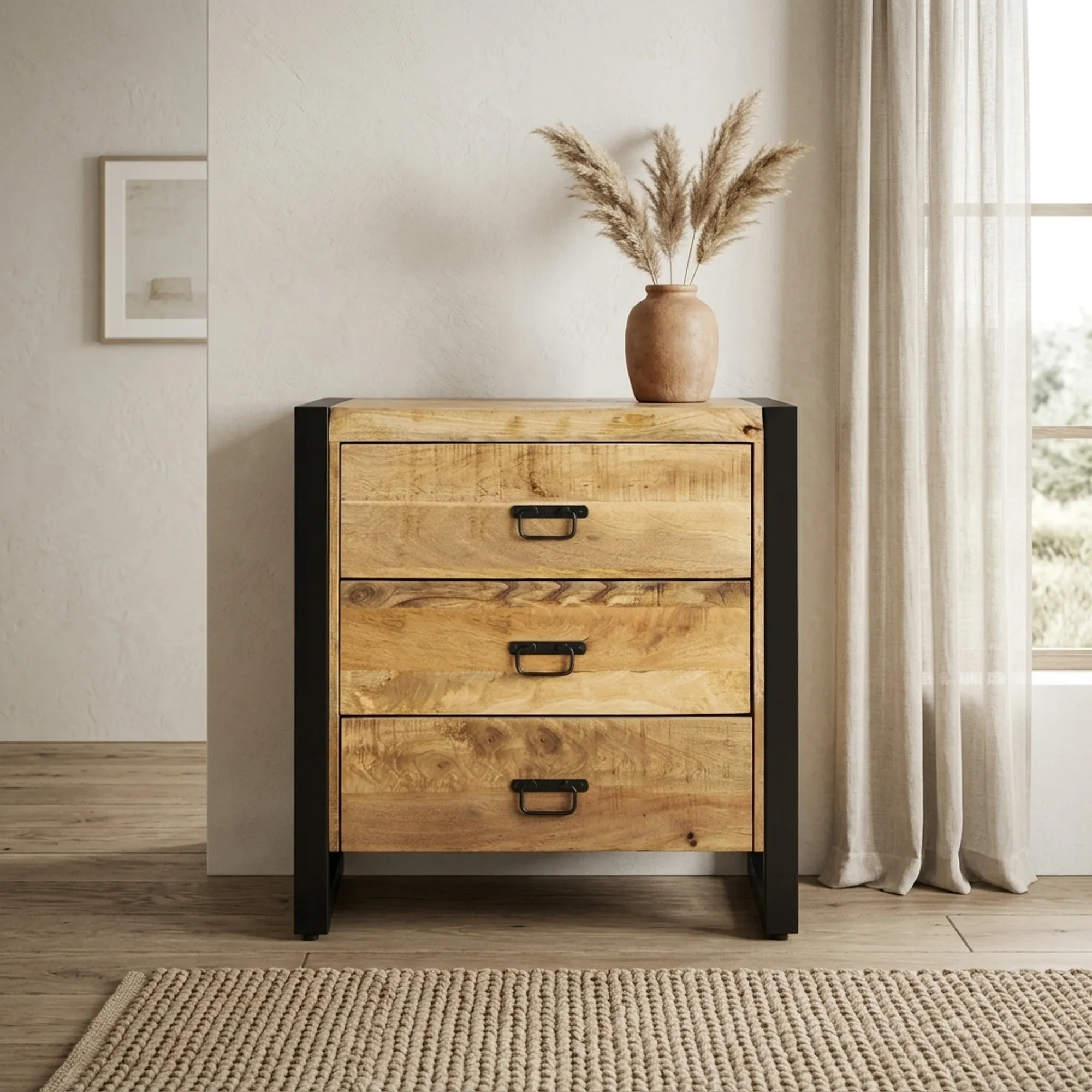 Kommode Britt 80 in einem hellen Wohnzimmer mit einer Vase und einem Teppich - Benoa