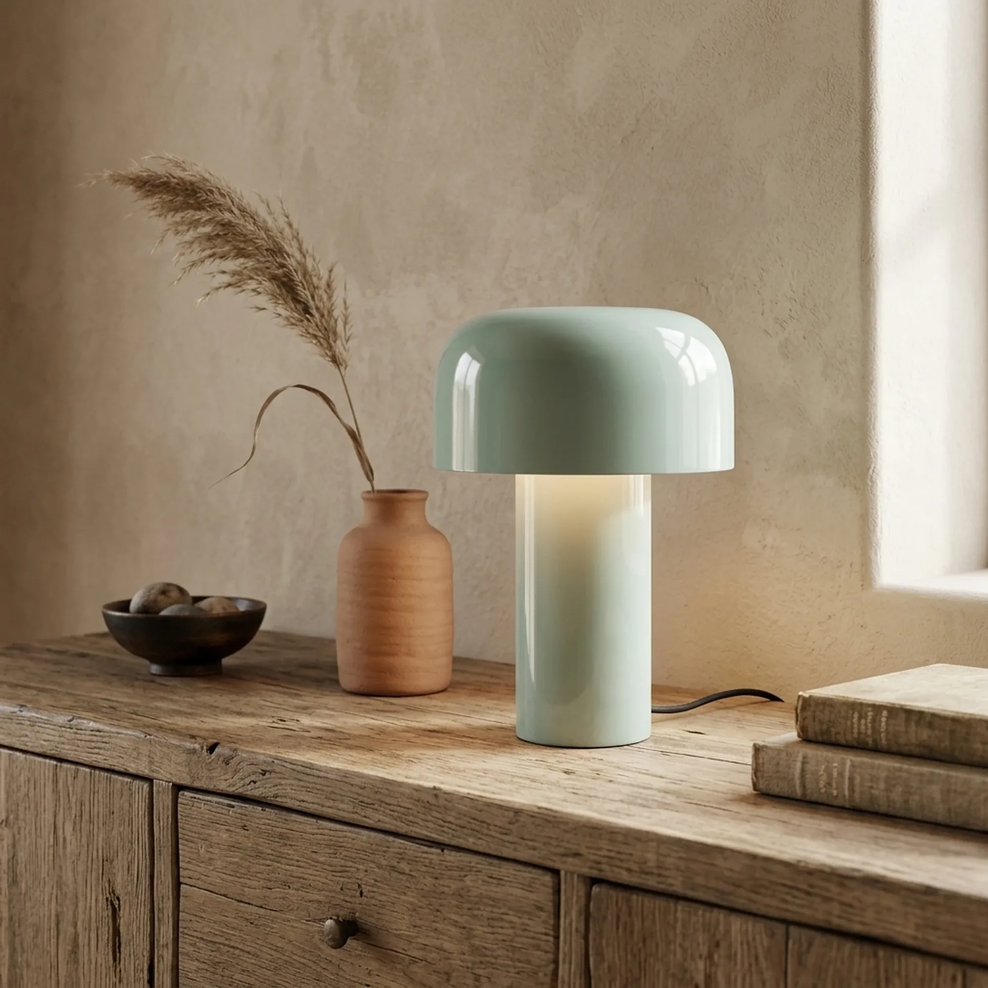 Lampe Tonez in einer hellen, stimmungsvollen Umgebung auf einem Holzbuffet mit Dekoration - By-Boo