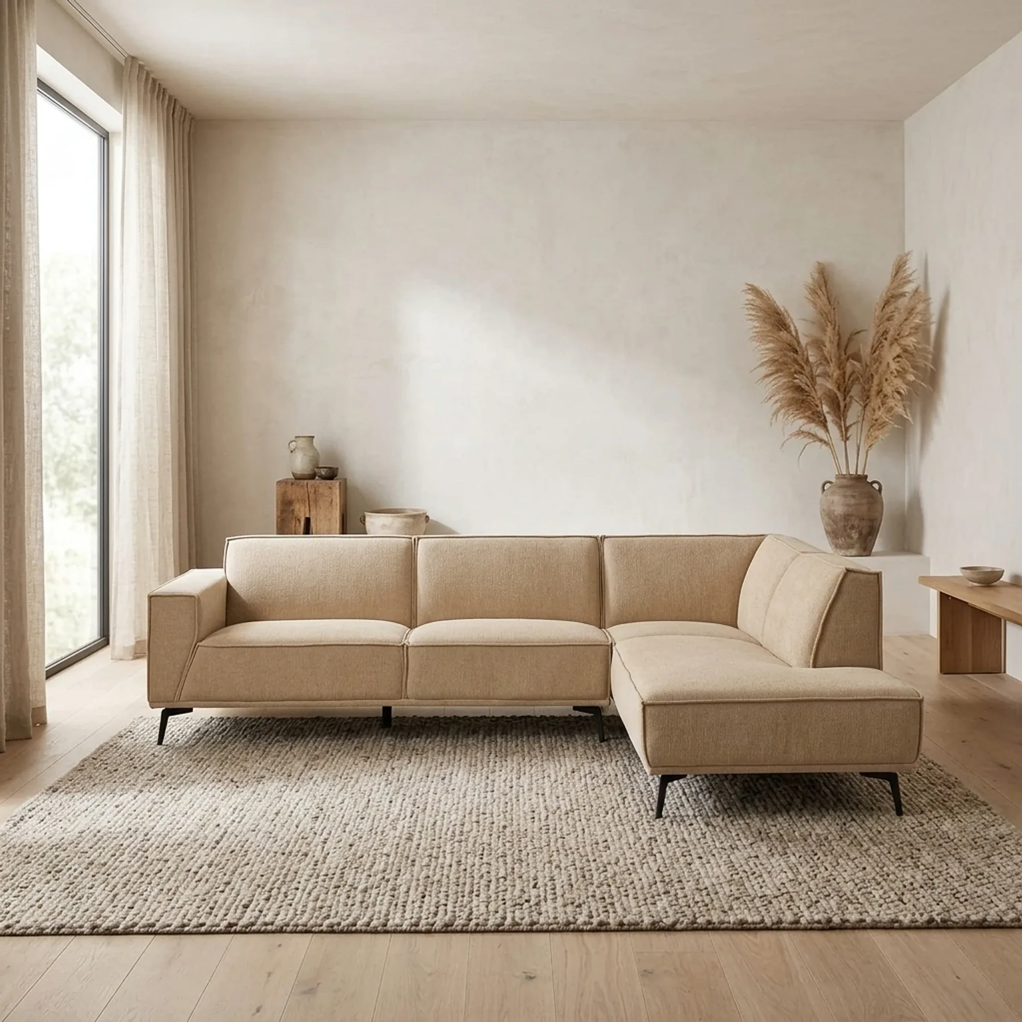 De Leeds 2 5-AL + Ottoman R - City 120 Beige bank in een lichte woonkamer met vloerkleed en raam - Tower Living