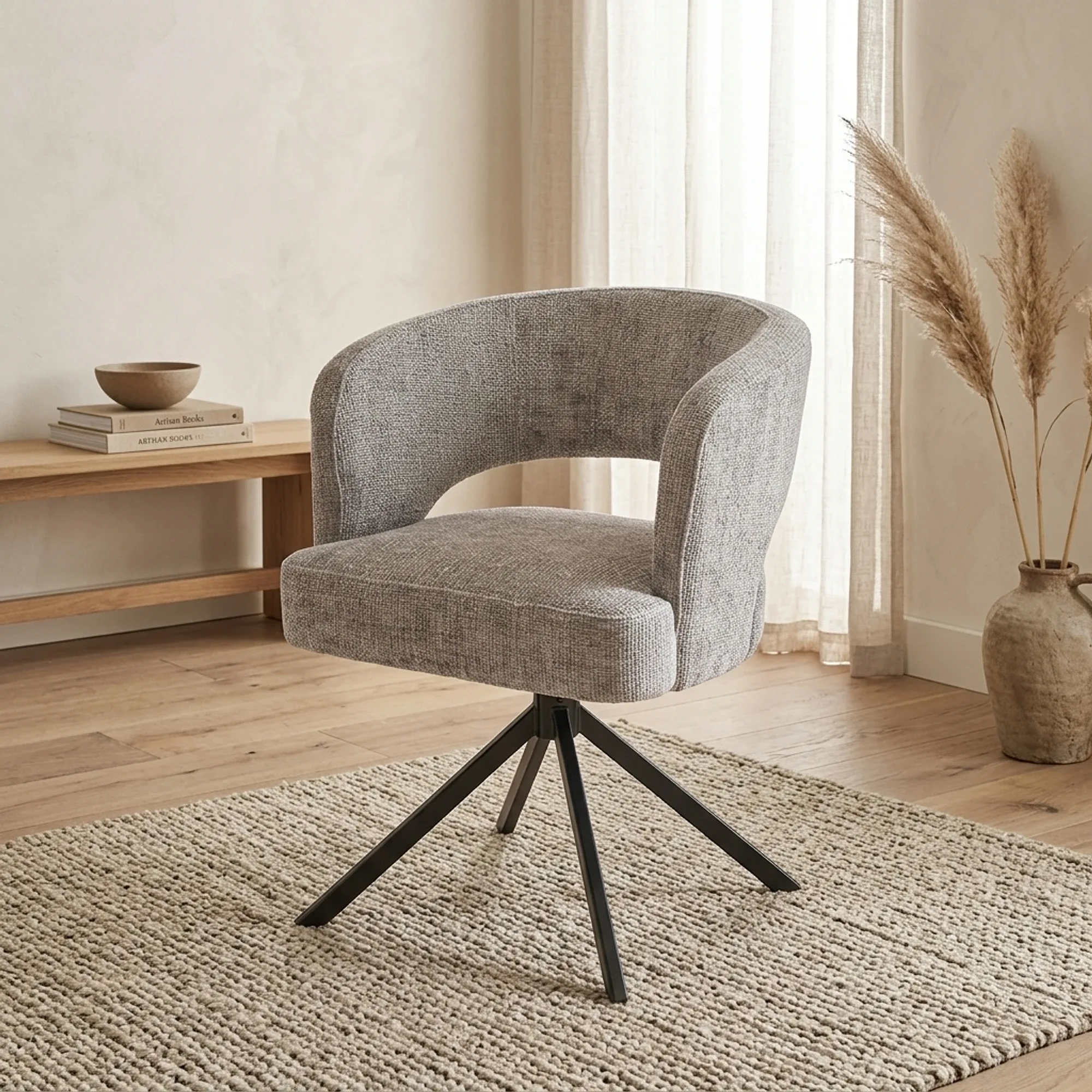 Mura Armsessel in Haga 09 Silver Stoff, drehbar, auf einem Teppich in einem hellen Wohnzimmer stehend - Tower Living