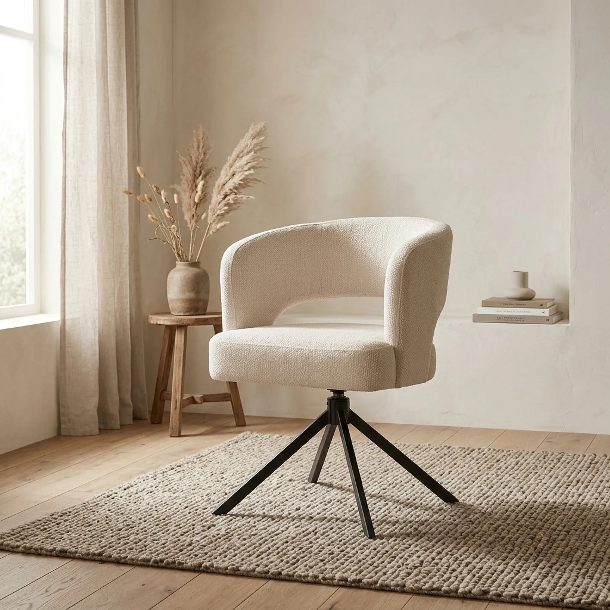 Mura Sessel in Stoff Haga 23 pearl, drehbar, in einem hellen Wohnzimmer mit Holzboden und Teppich - Tower Living