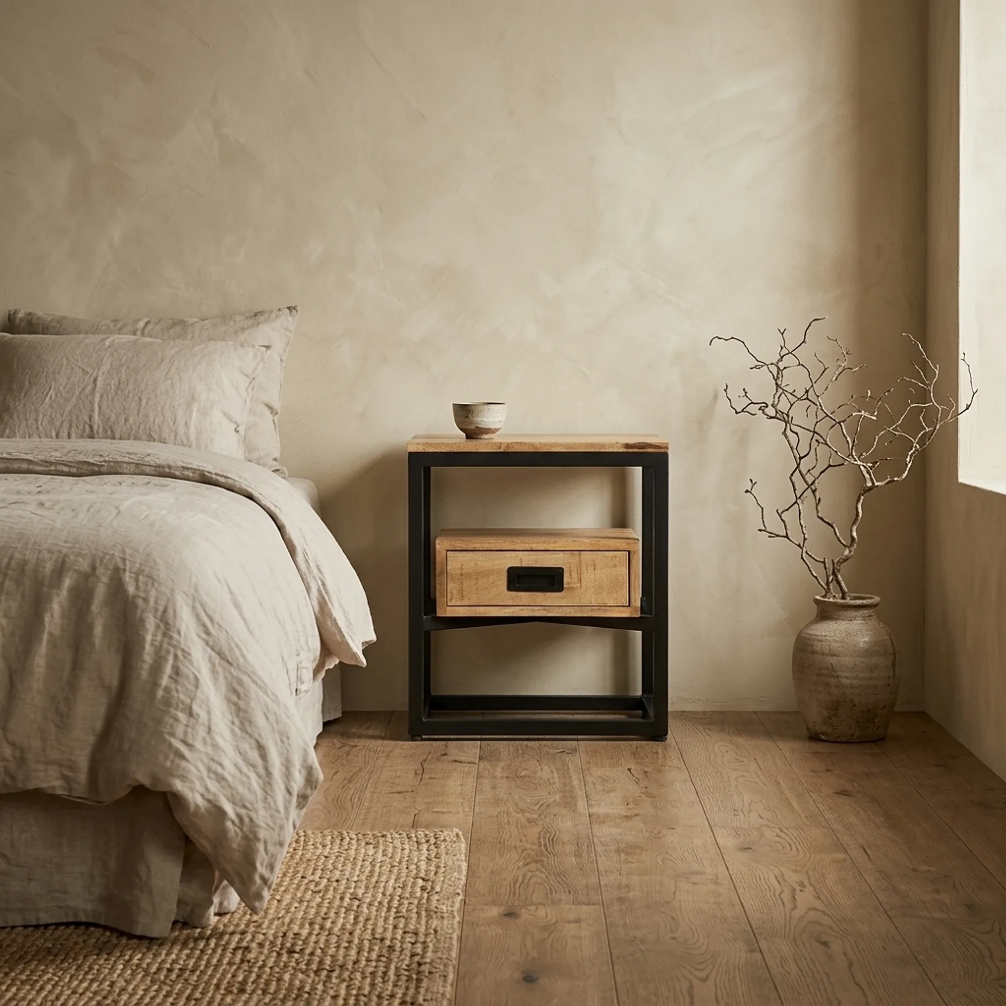 Nachttisch Len in einem Schlafzimmer mit einem Bett, Teppich und dekorativen Ästen in einer Vase - Benoa