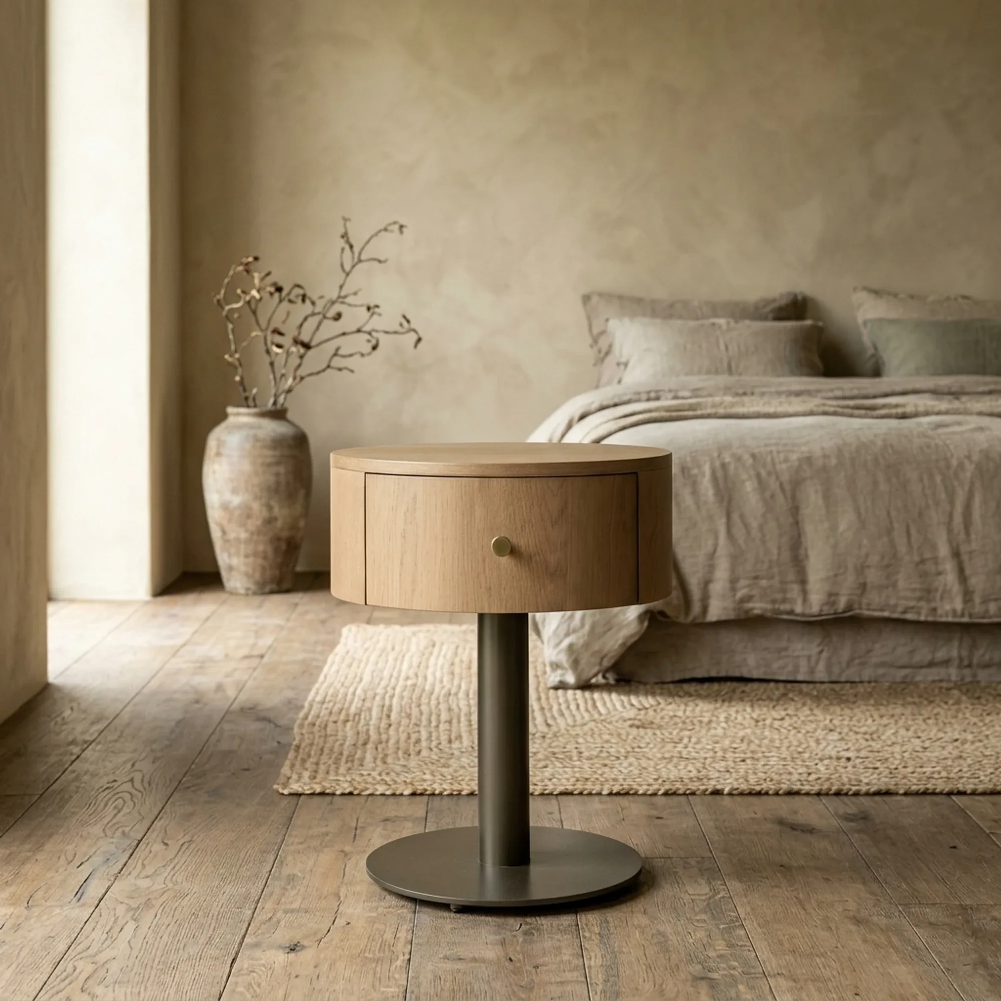 Nachttisch Skye Eiche in einem Schlafzimmer mit einem Bett, Teppich und Vase mit Ästen - Eleonora