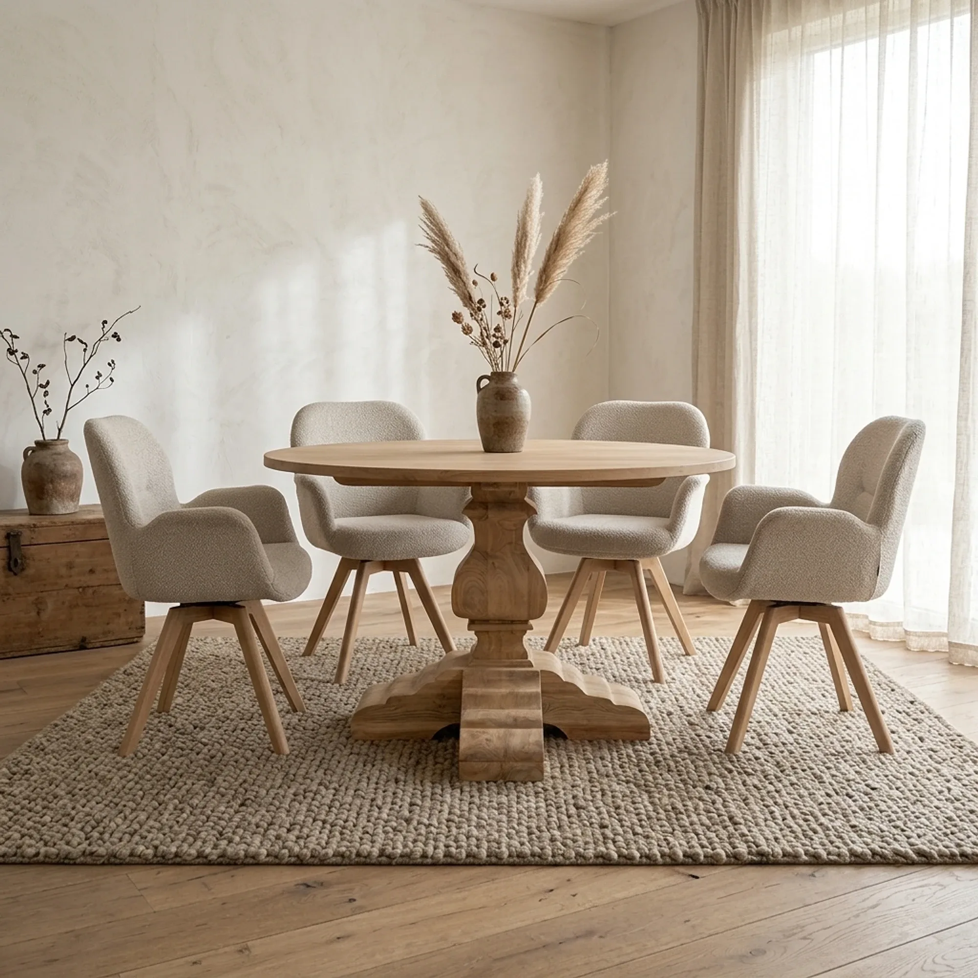 Gestell Esstisch Rund Bekkers in einem stimmungsvollen Esszimmer mit vier Stühlen und einem Teppich - Benoa