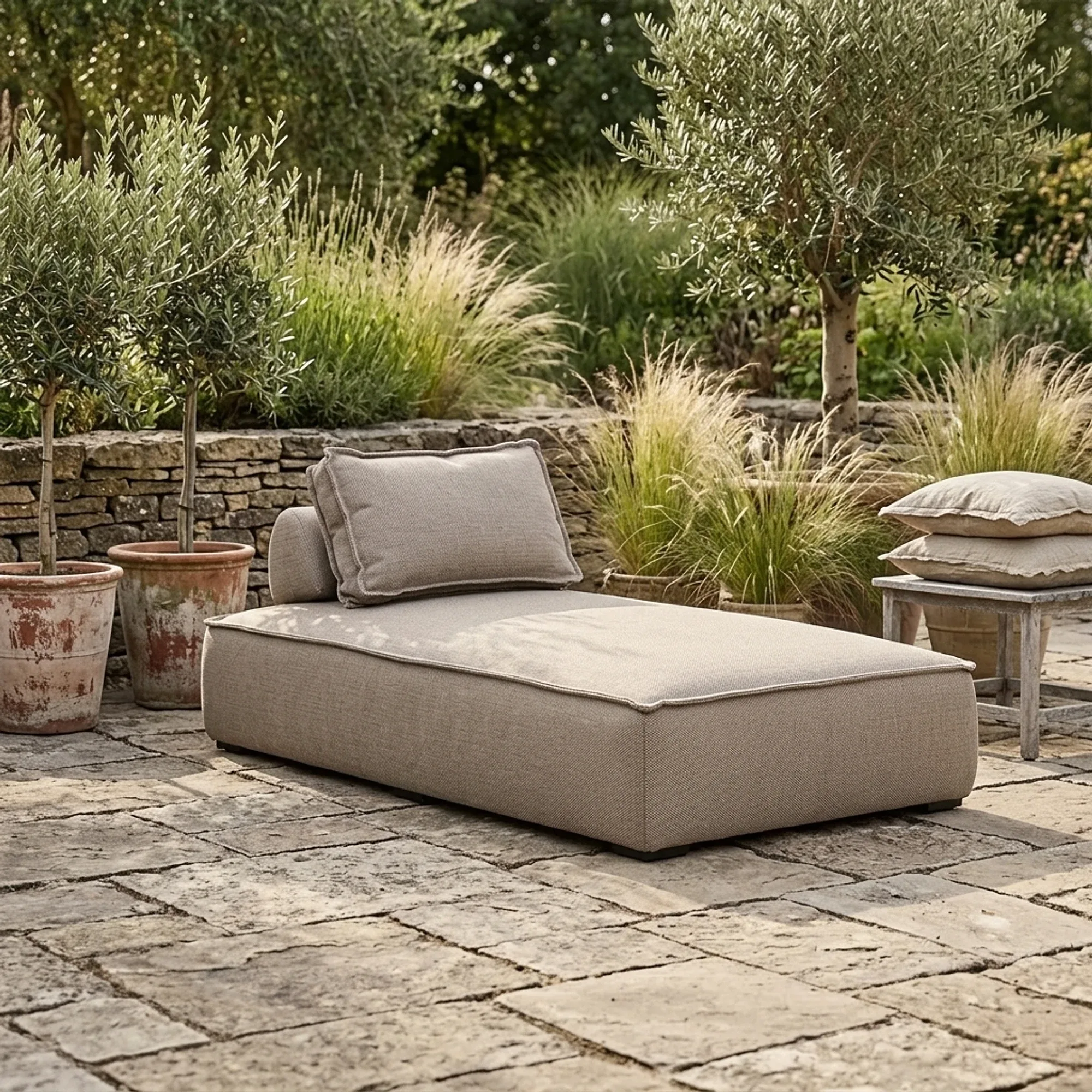 Outdoor-Liegebett Jondal Taupe in einem mediterranen Garten mit Olivenbäumen und Ziergräsern - Richmond Interiors