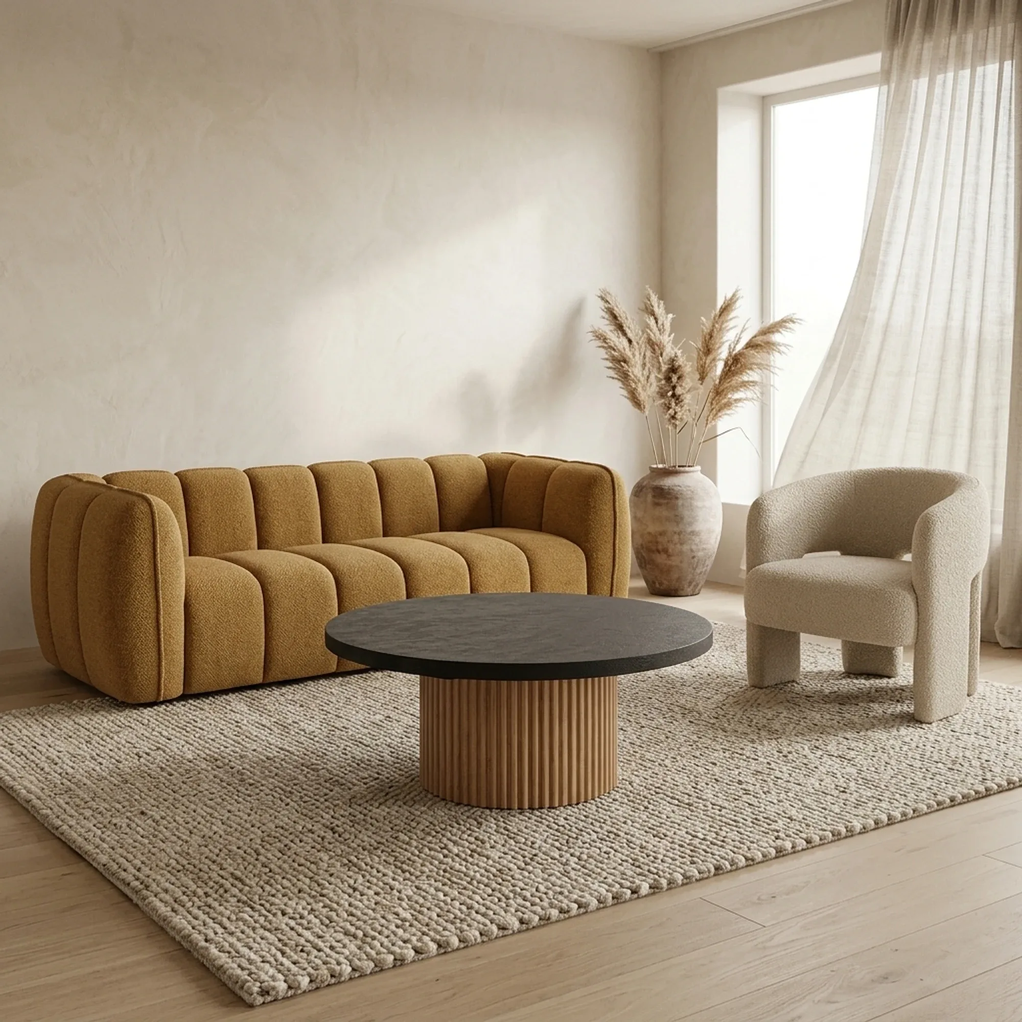 Der Palazzo Couchtisch rund 100 cm in einem stimmungsvollen Wohnzimmer mit Sofa und Sessel - Tower Living