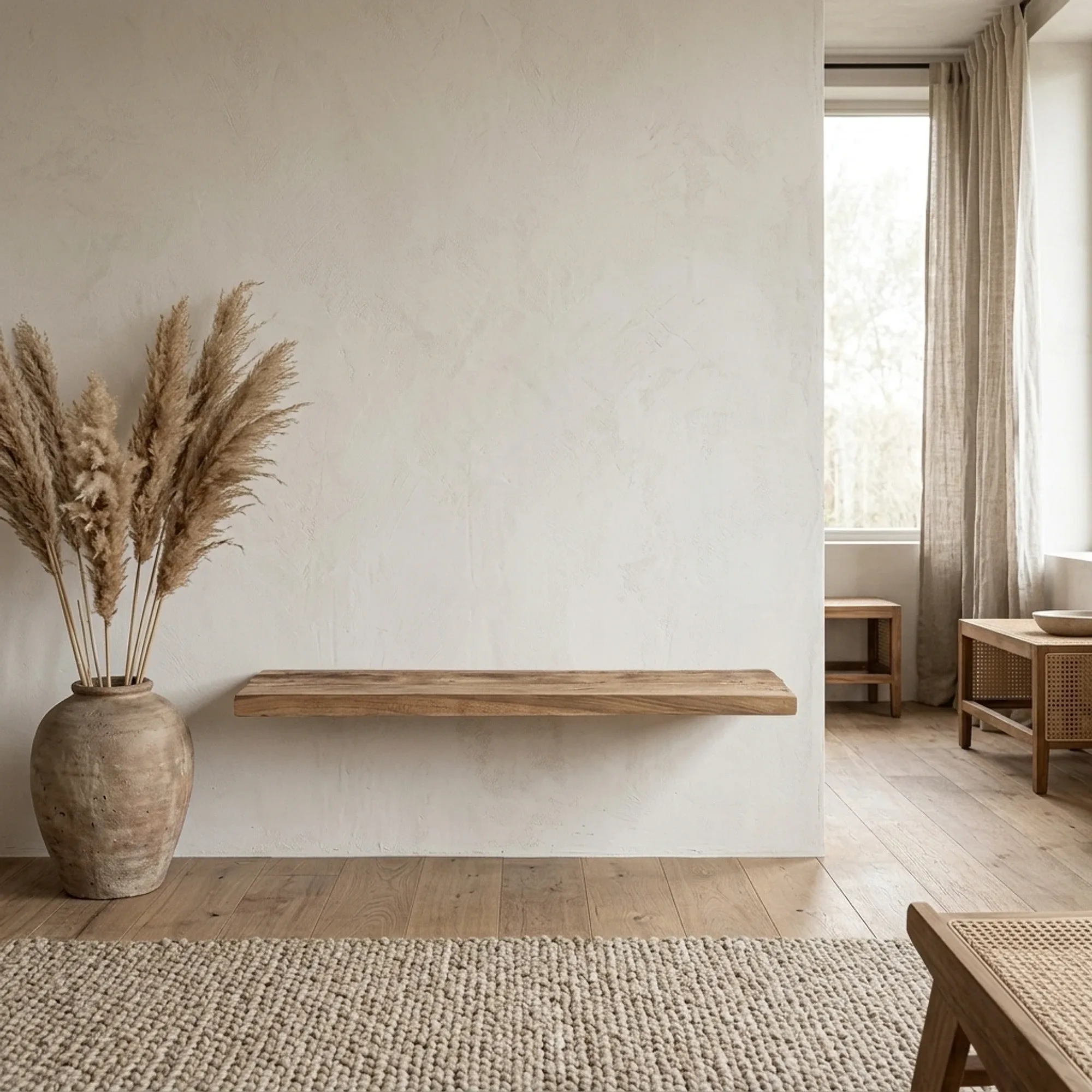 Wandregal Medium Rustik Teak Sanur 120x20x5cm in einem hellen Wohnzimmer mit Pampasgras und Teppich - Benoa