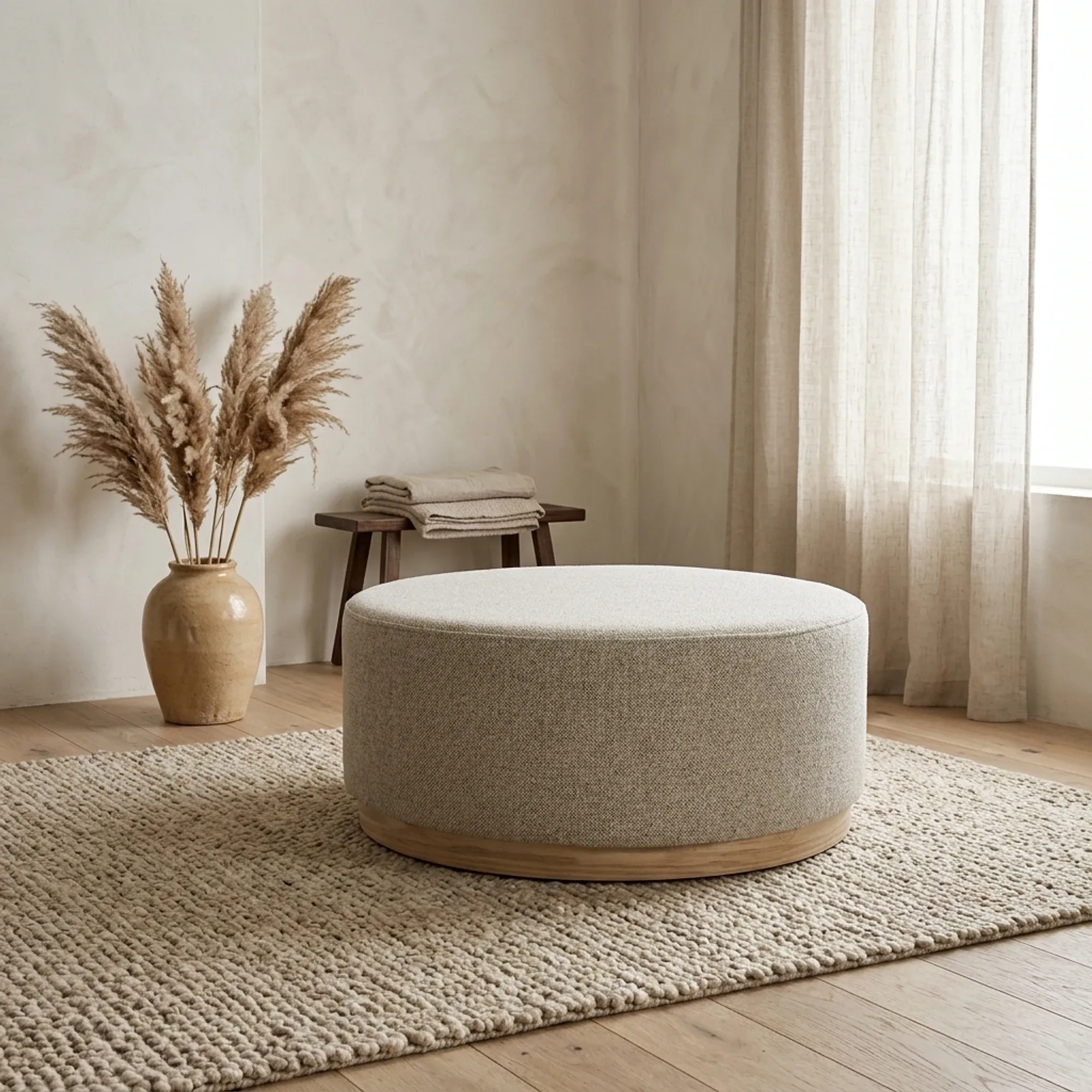 Pouf Avah large Mantz in einem hellen Wohnzimmer mit einer Vase Pampasgras und einem Holzhocker - Eleonora